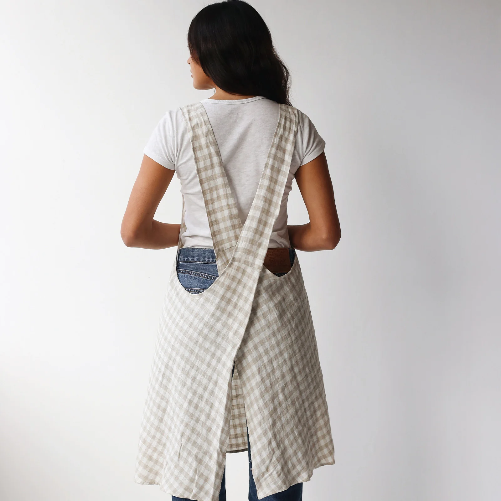 French Flax Linen Apron in Beige Gingham - Image 4