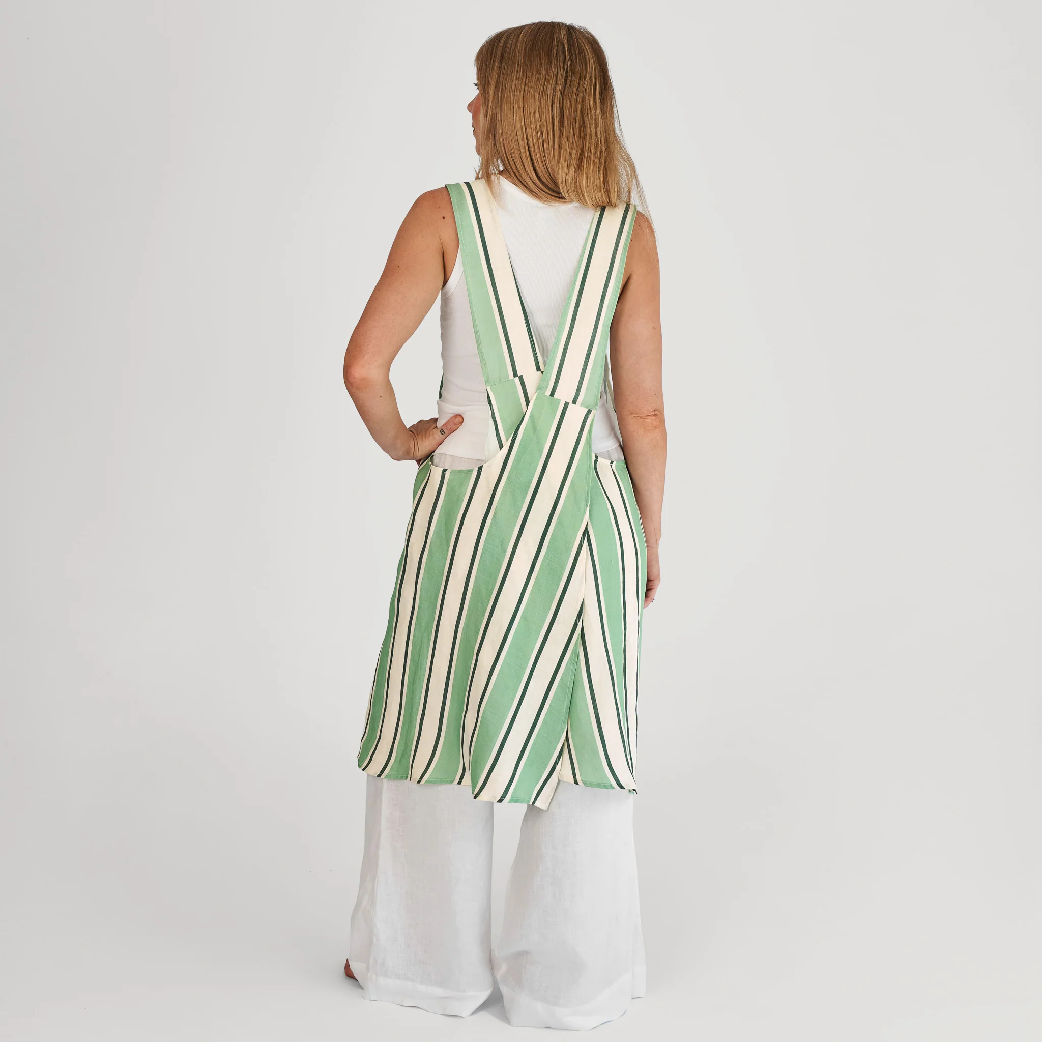 French Flax Linen Apron in Green Stripe - Image 2
