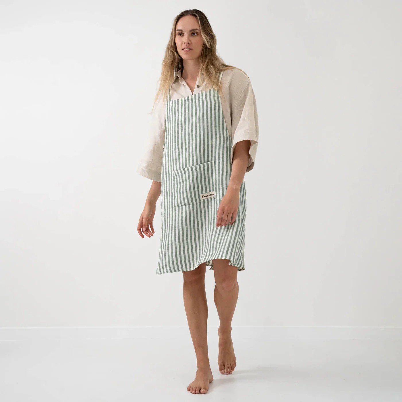 French Flax Linen Apron in Sage Stripe - Image 2