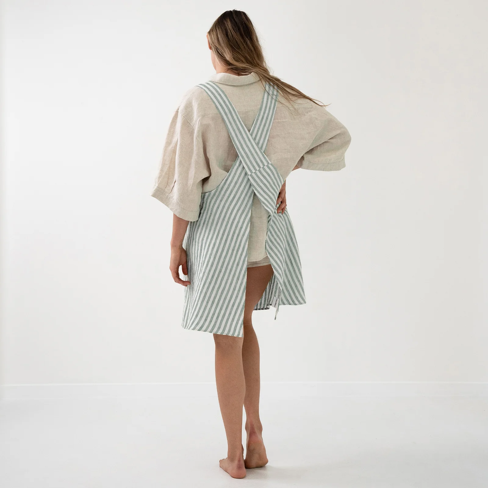 French Flax Linen Apron in Sage Stripe - Image 3