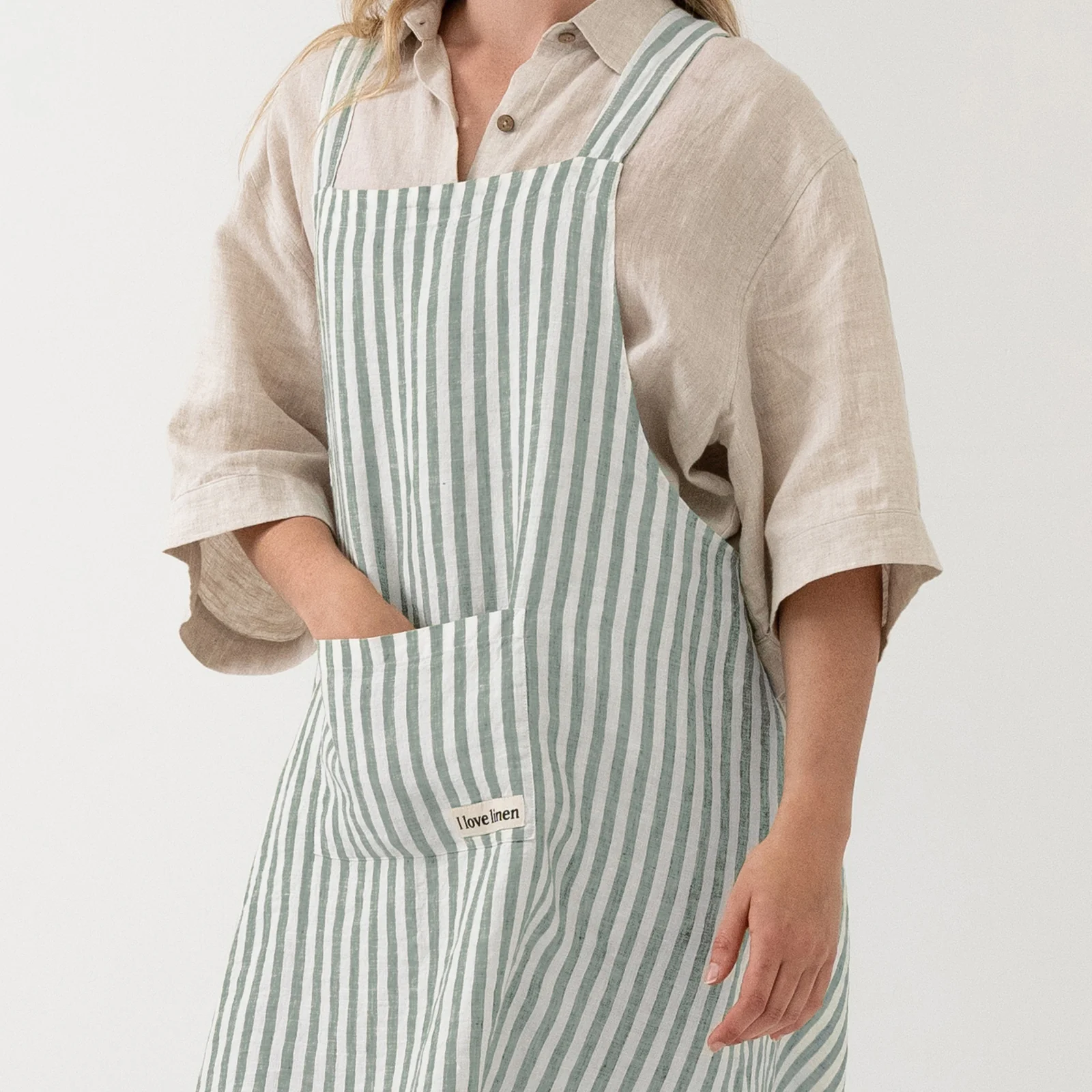 French Flax Linen Apron in Sage Stripe - Image 4