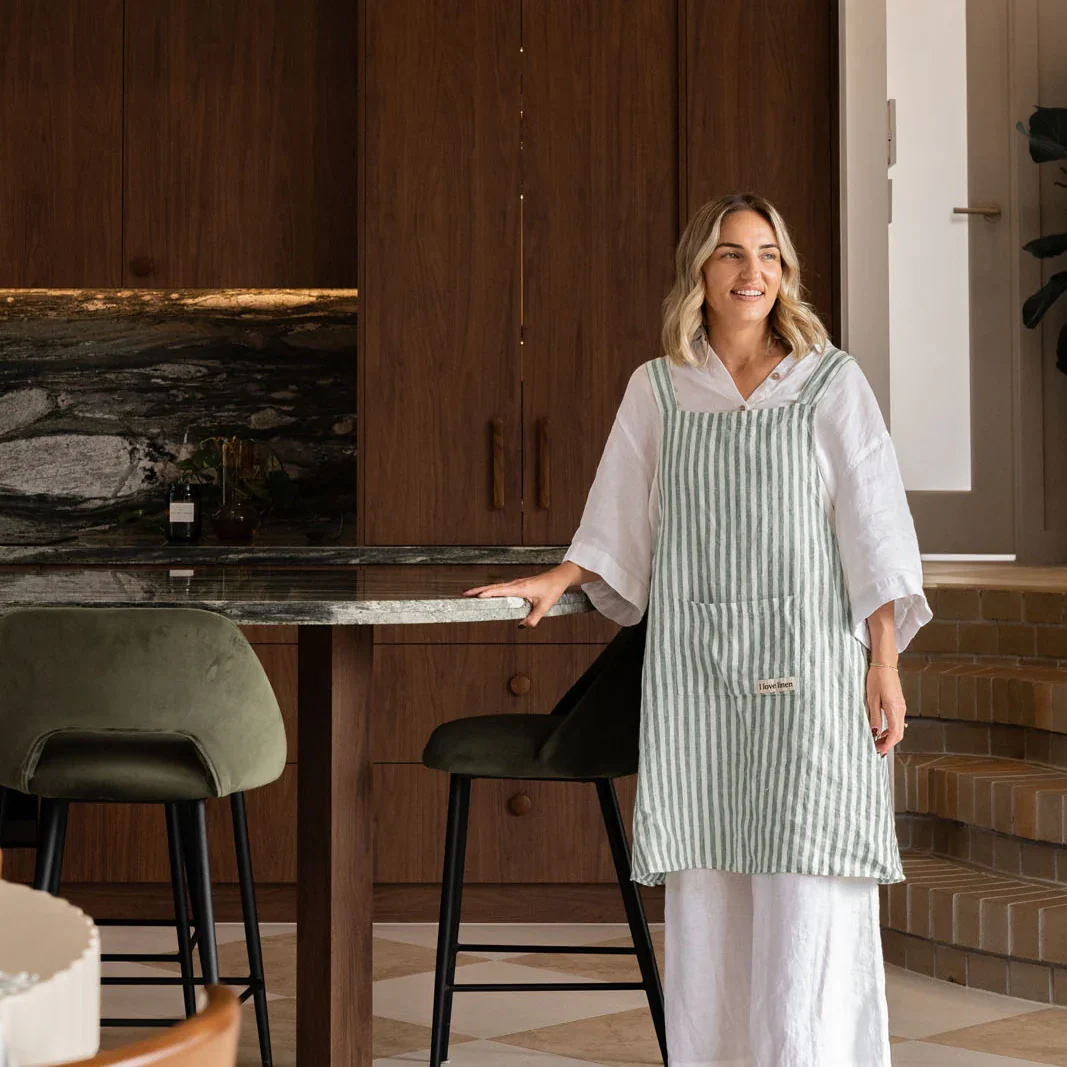 French Flax Linen Apron in Sage Stripe - Image 6
