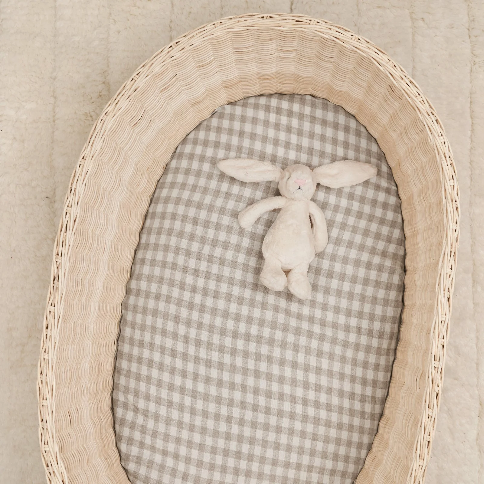 French Flax Linen Bassinet Sheet in Beige Gingham - Image 3