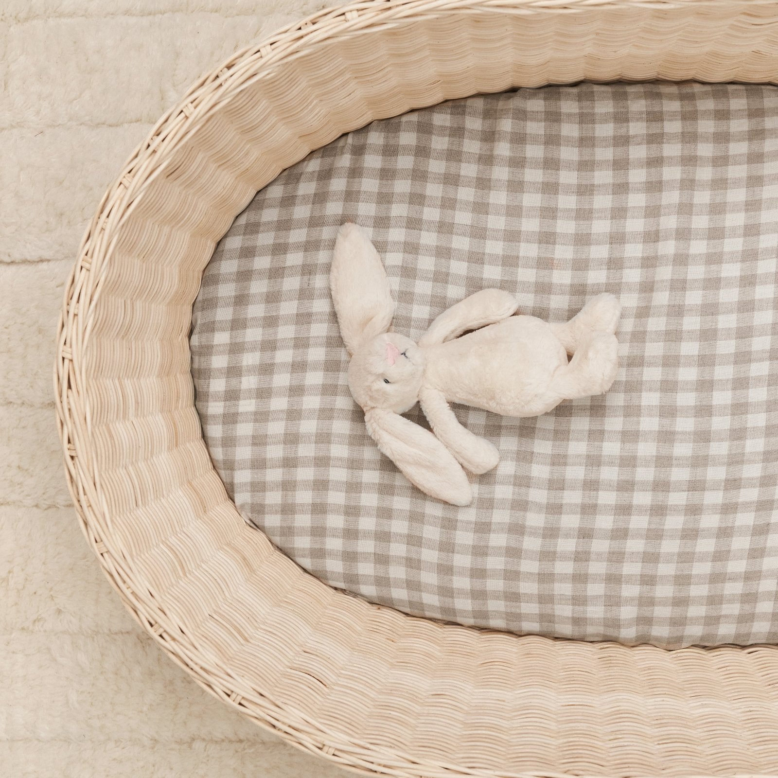 French Flax Linen Bassinet Sheet in Beige Gingham - Image 5
