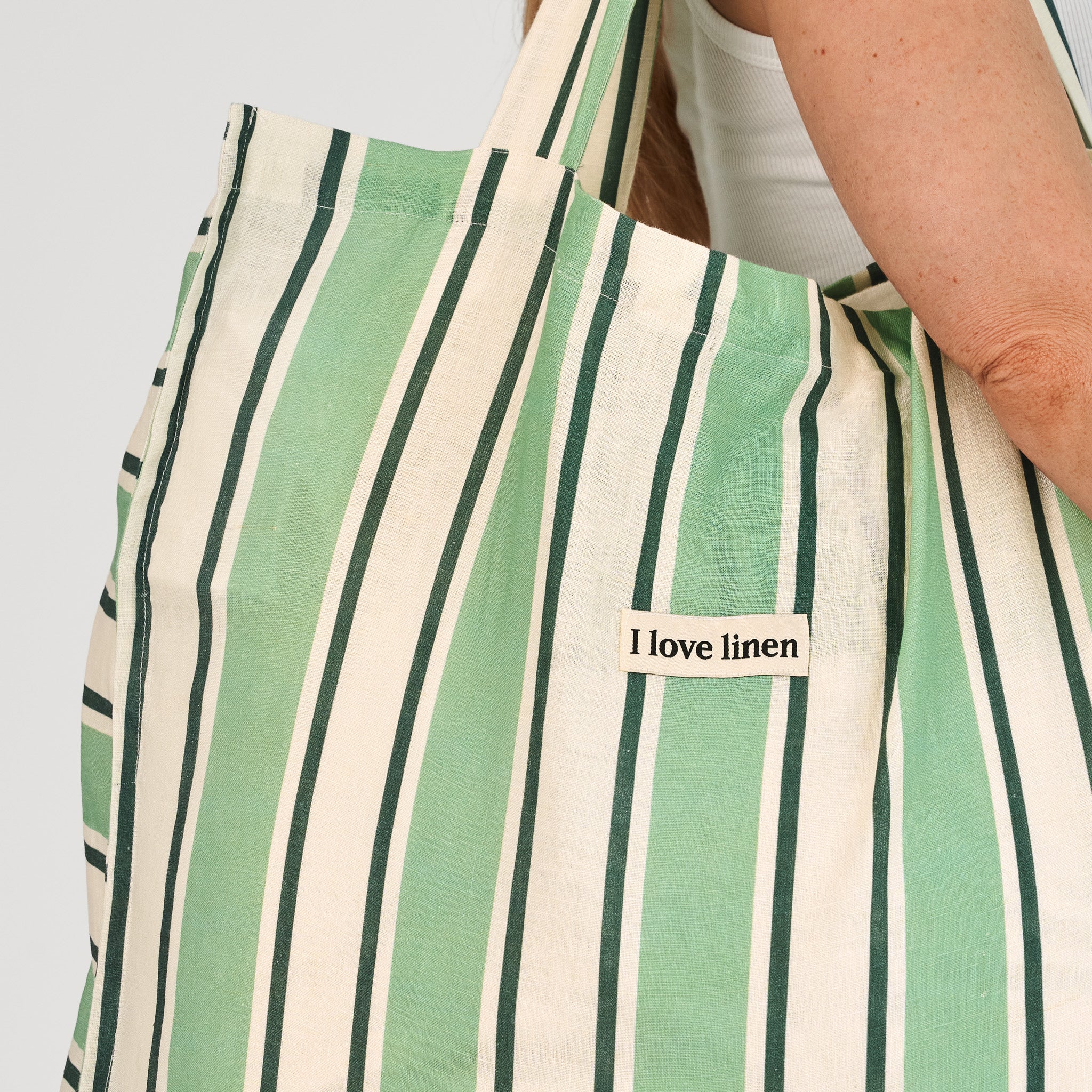 French Flax Linen Carry All Bag in Green Stripe - Image 4