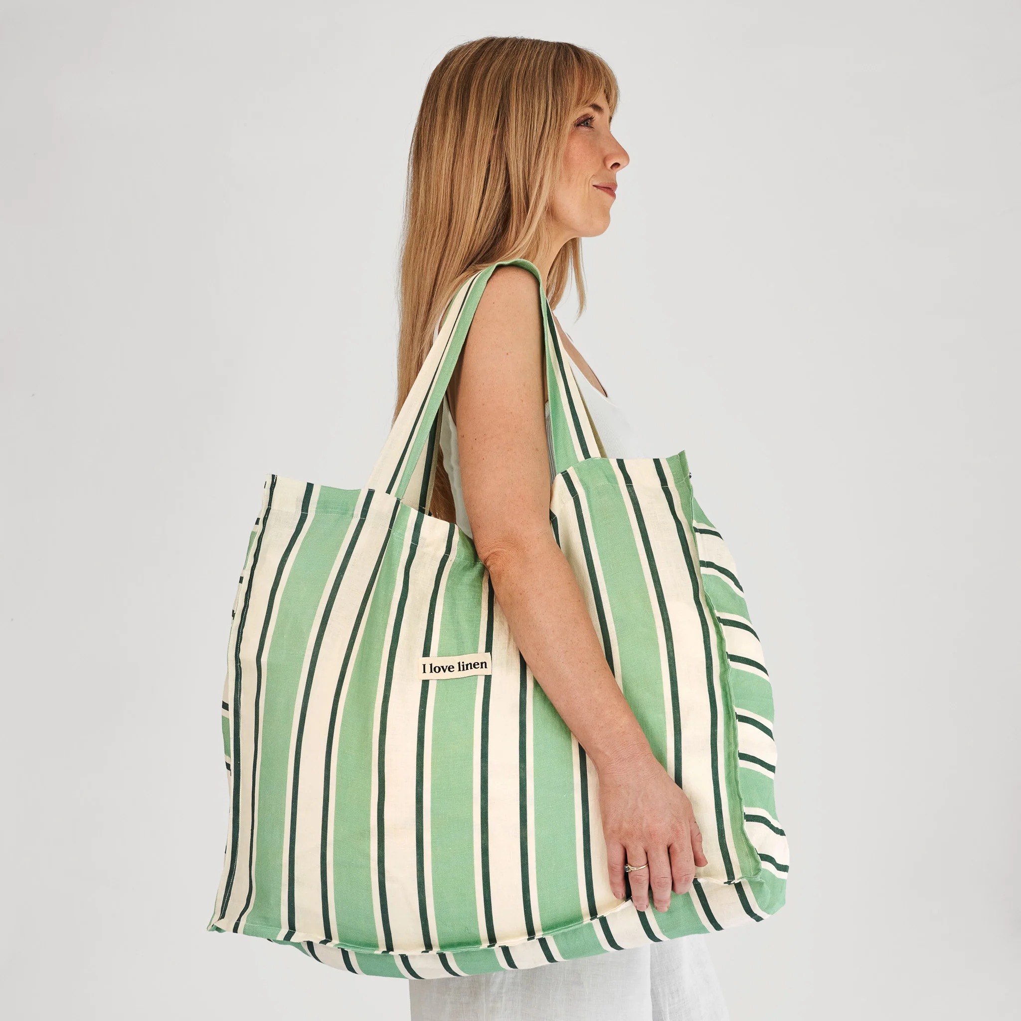 French Flax Linen Carry All Bag in Green Stripe - Image 5