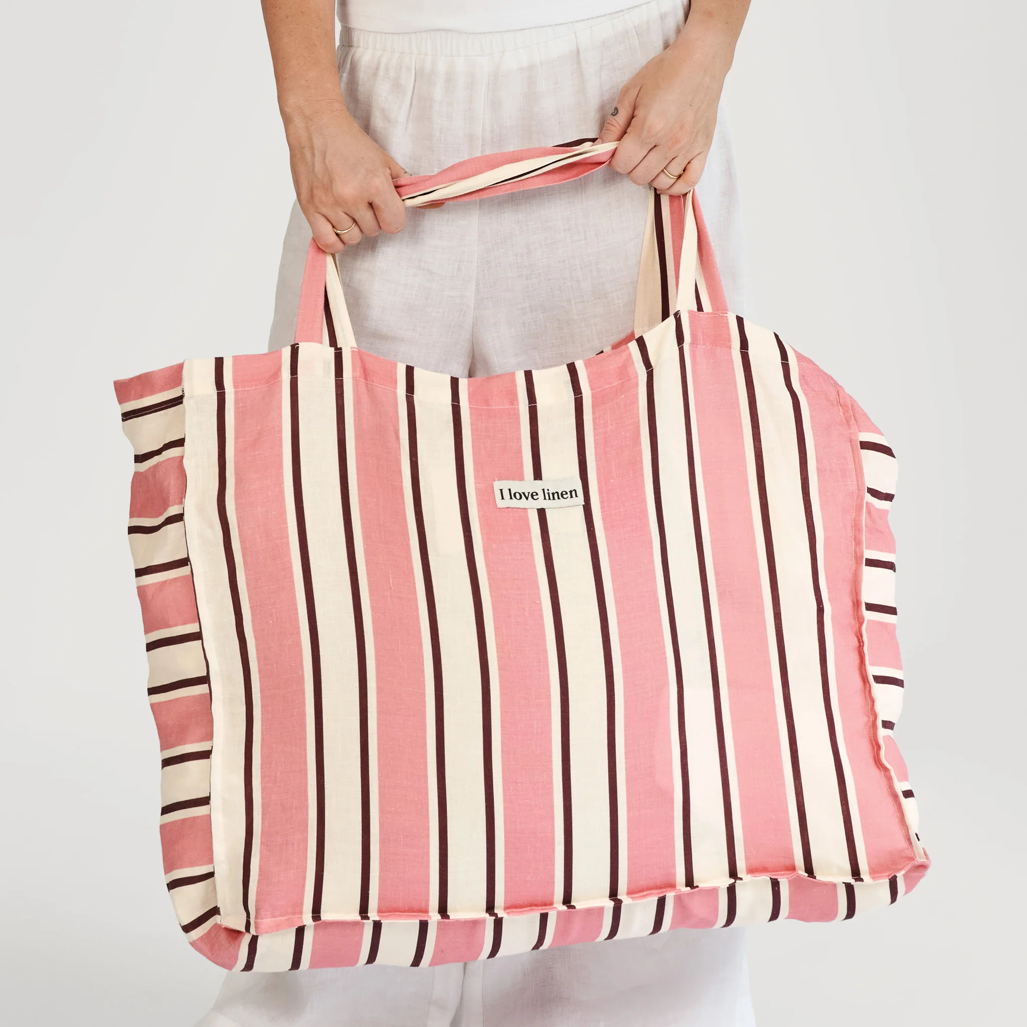French Flax Linen Carry All Bag in Pink Stripe - Image 2