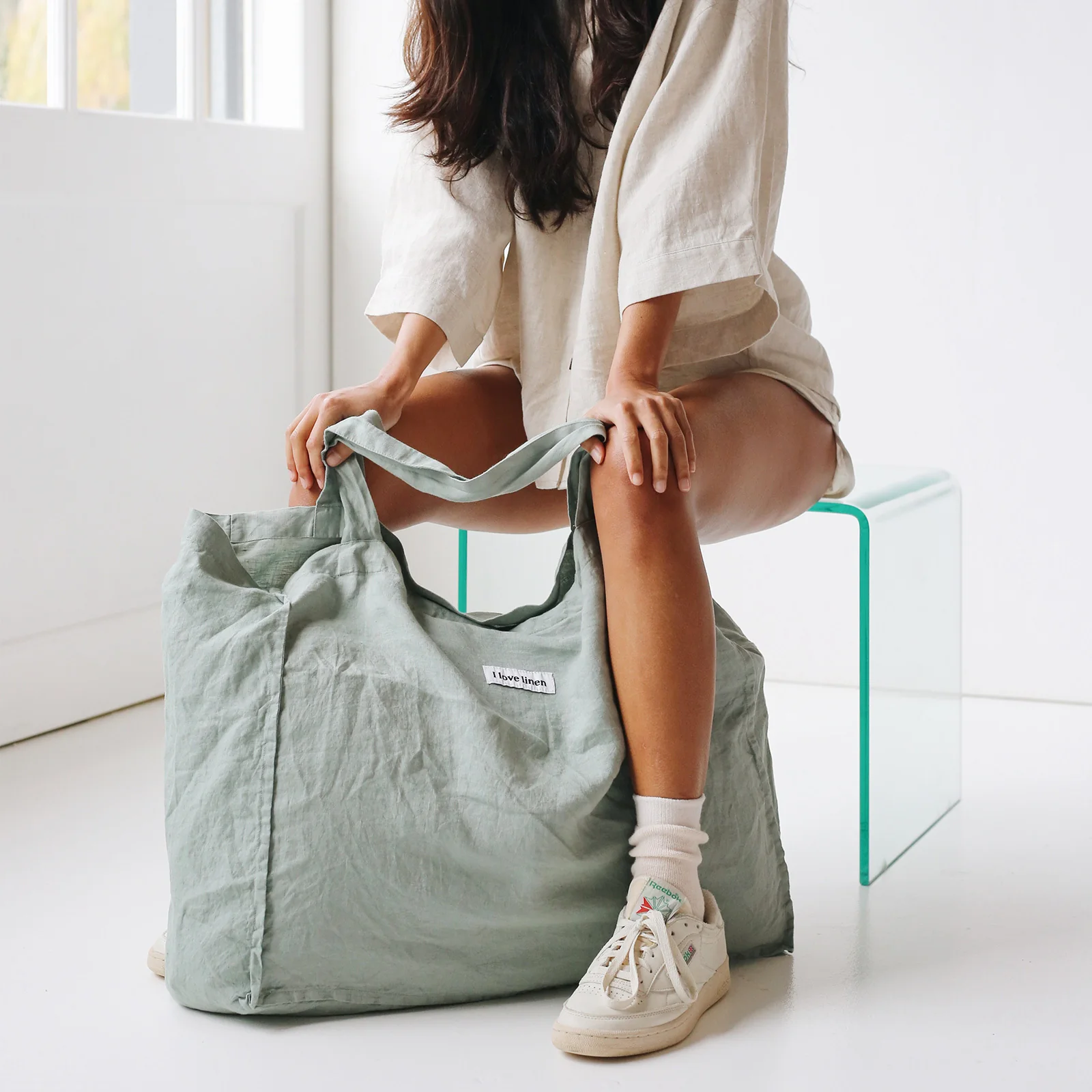 French Flax Linen Carry All Bag in Sage - Image 3
