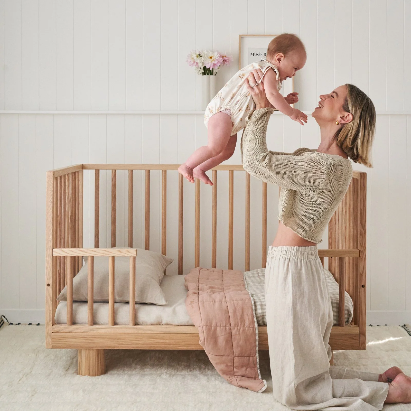 French Flax Linen Cot Quilt/Play Mat in Clay/Beige Gingham - Image 10