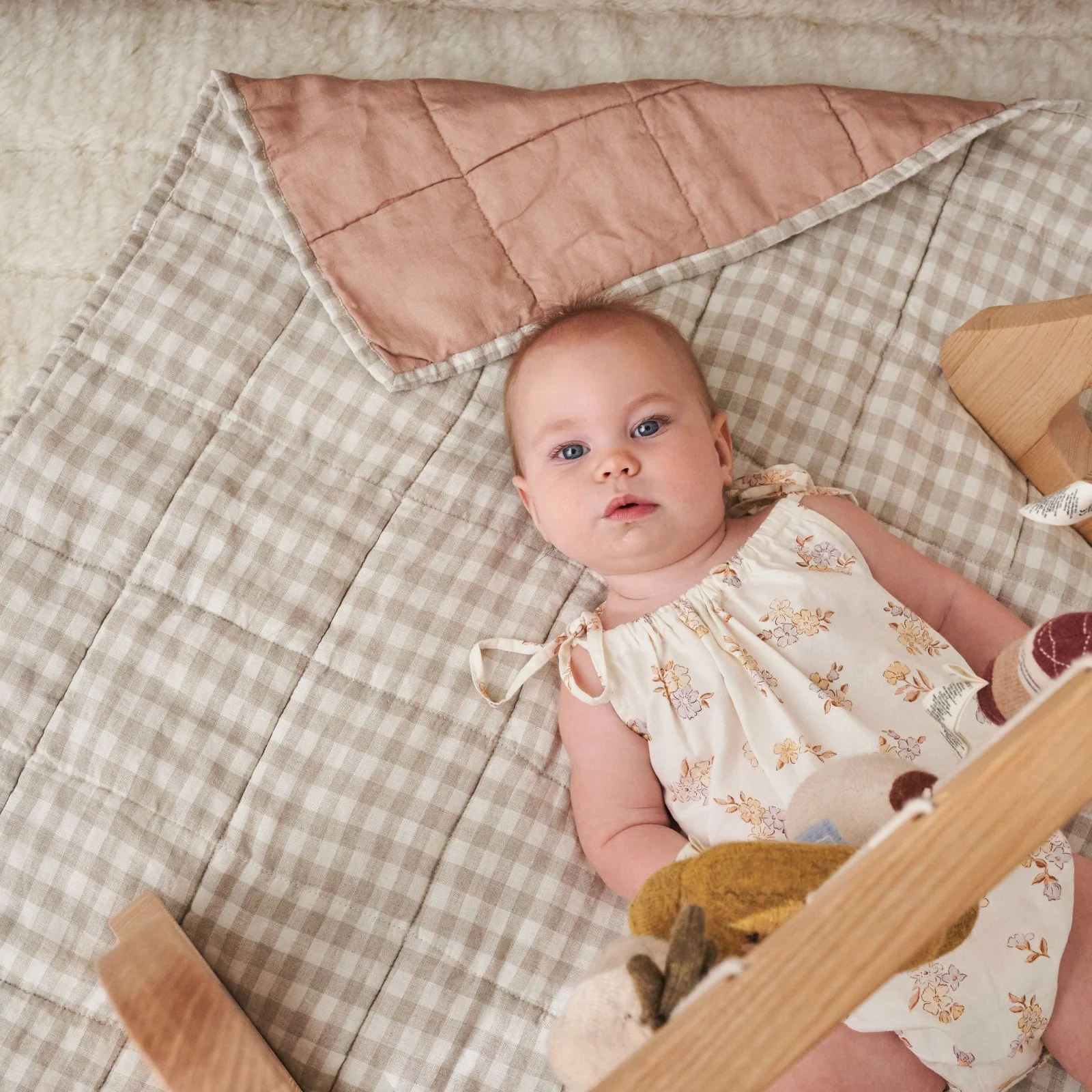 French Flax Linen Cot Quilt/Play Mat in Clay/Beige Gingham - Image 13