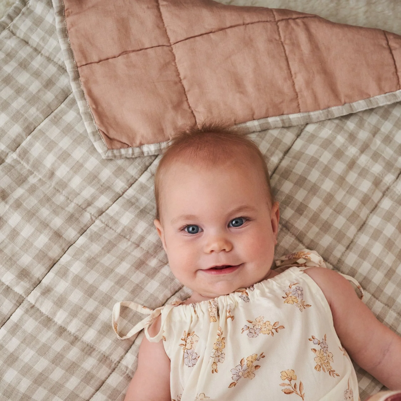 French Flax Linen Cot Quilt/Play Mat in Clay/Beige Gingham - Image 14