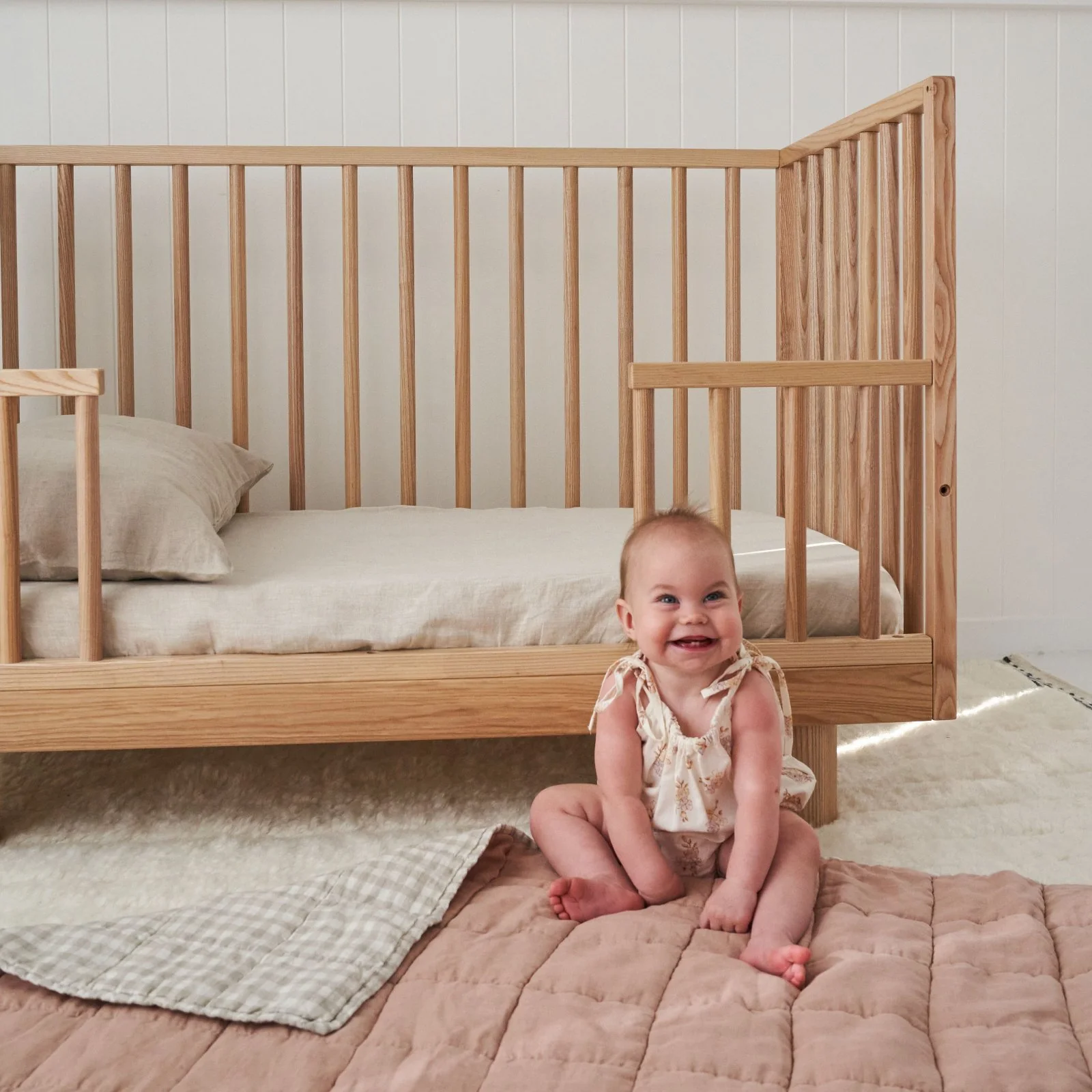 French Flax Linen Cot Quilt/Play Mat in Clay/Beige Gingham - Image 17