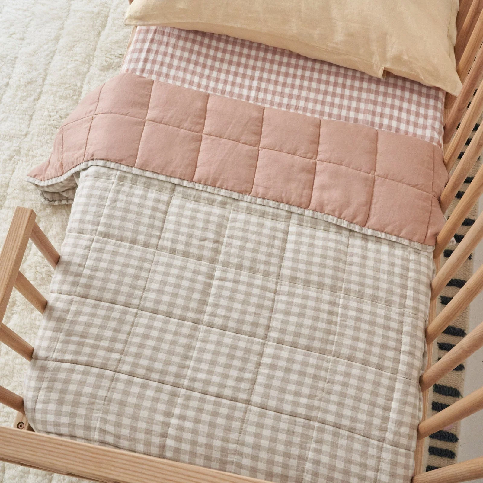 French Flax Linen Cot Quilt/Play Mat in Clay/Beige Gingham - Image 4
