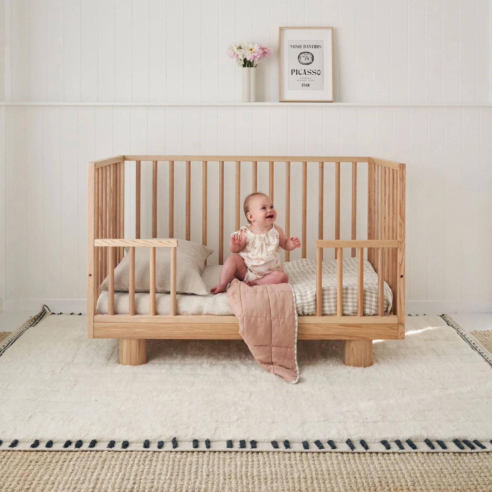 French Flax Linen Cot Quilt/Play Mat in Clay/Beige Gingham - Image 9