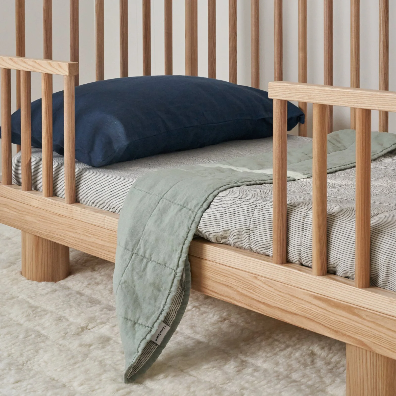 French Flax Linen Cot Quilt/Play Mat in Sage/Pinstripe - Image 3