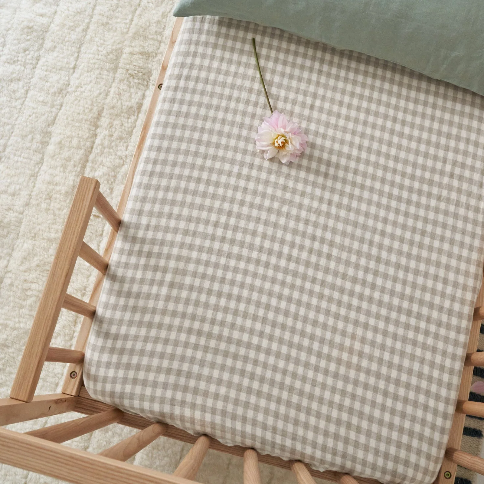 French Flax Linen Cot Sheet in Beige Gingham - Image 3