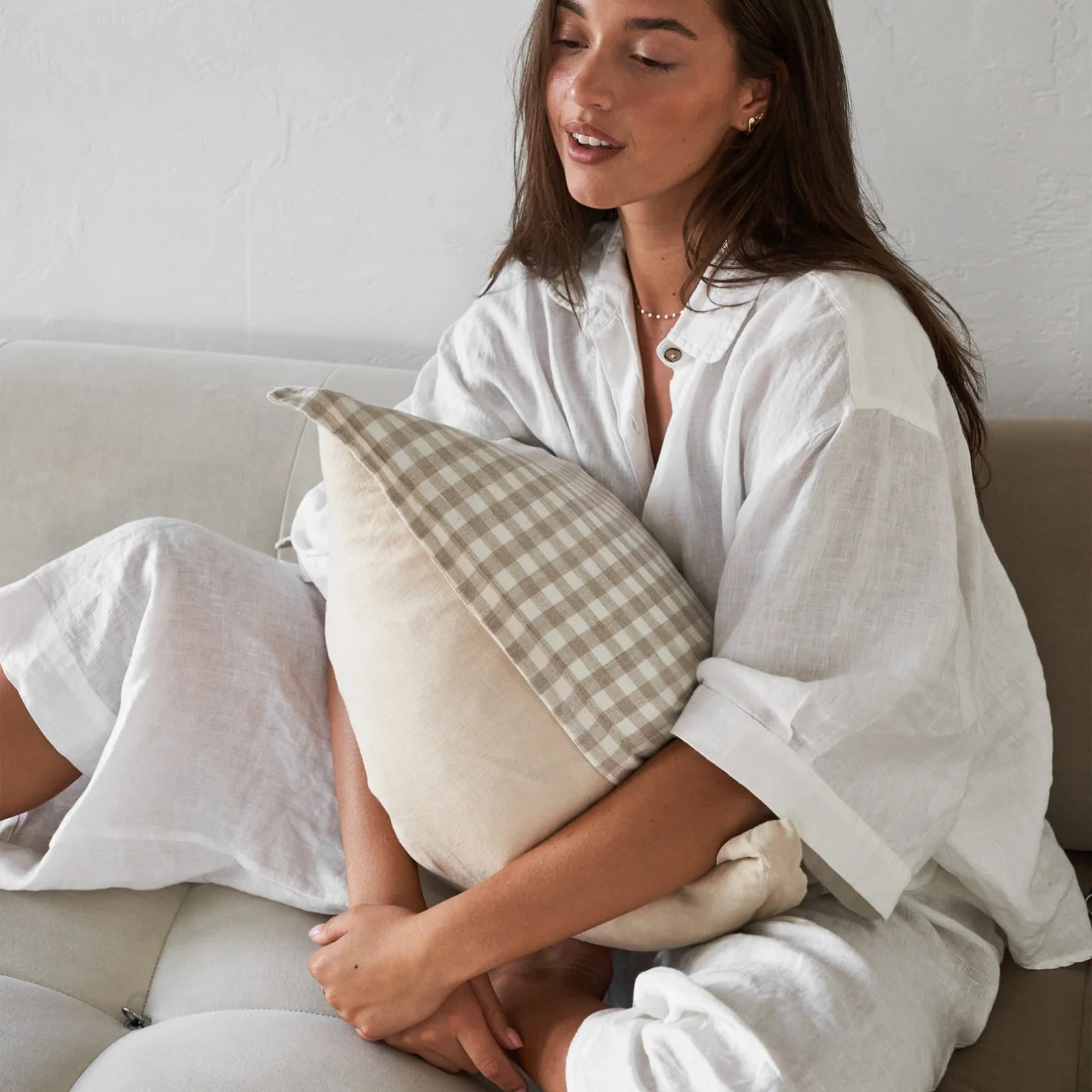 French Flax Linen Double Sided Cushion Cover in Creme/Beige Gingham - Image 11