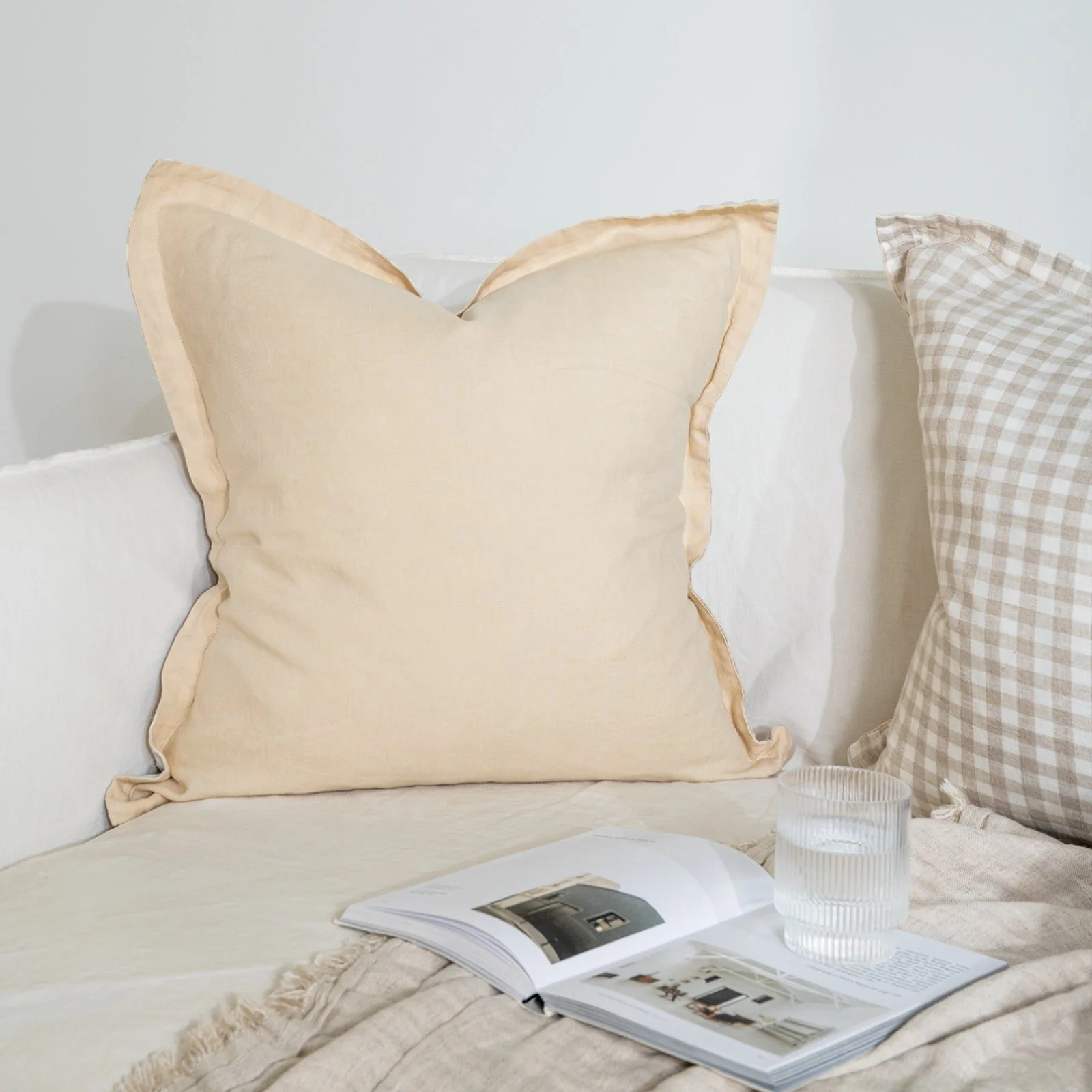 French Flax Linen Double Sided Cushion Cover in Creme/Beige Gingham - Image 7
