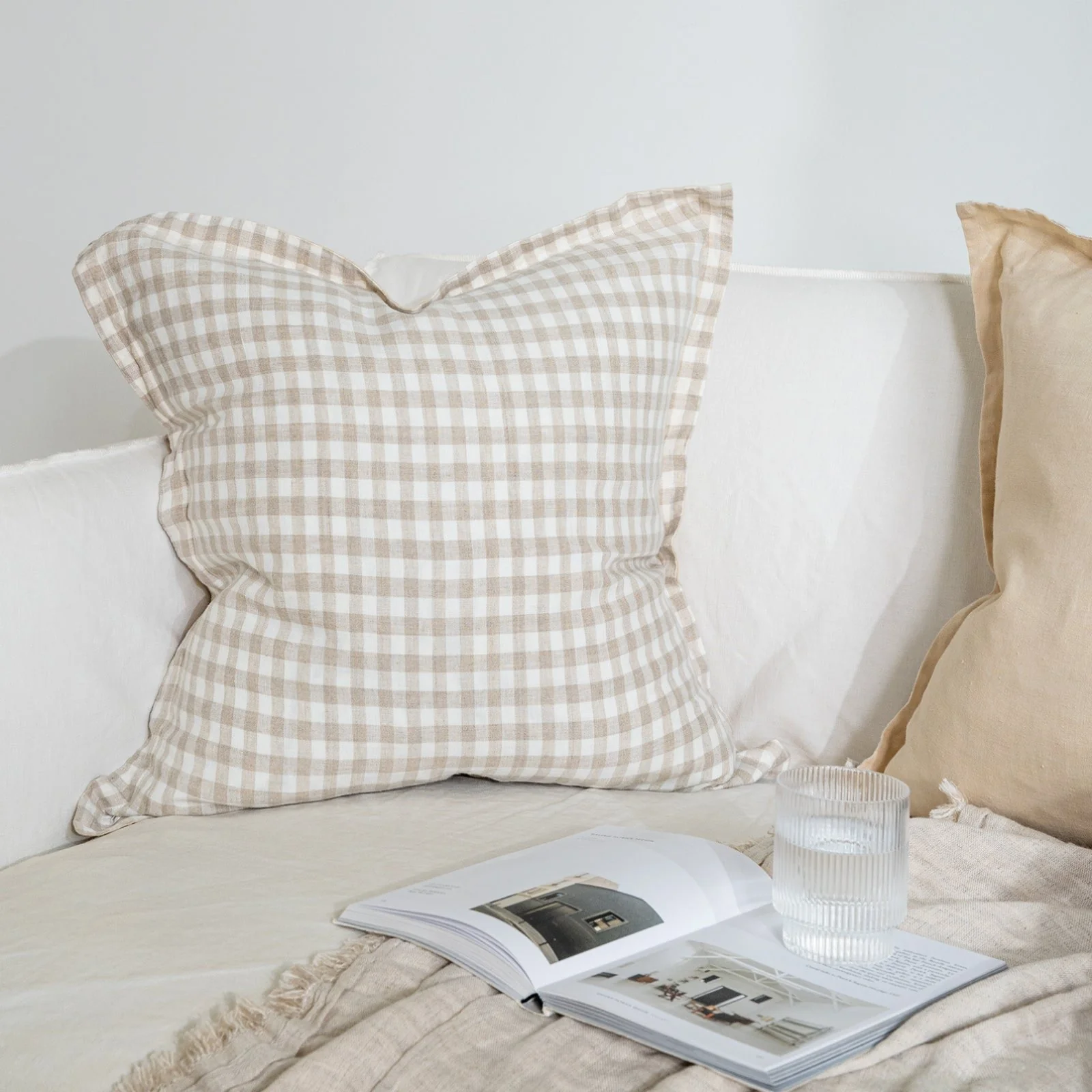 French Flax Linen Double Sided Cushion Cover in Creme/Beige Gingham - Image 8