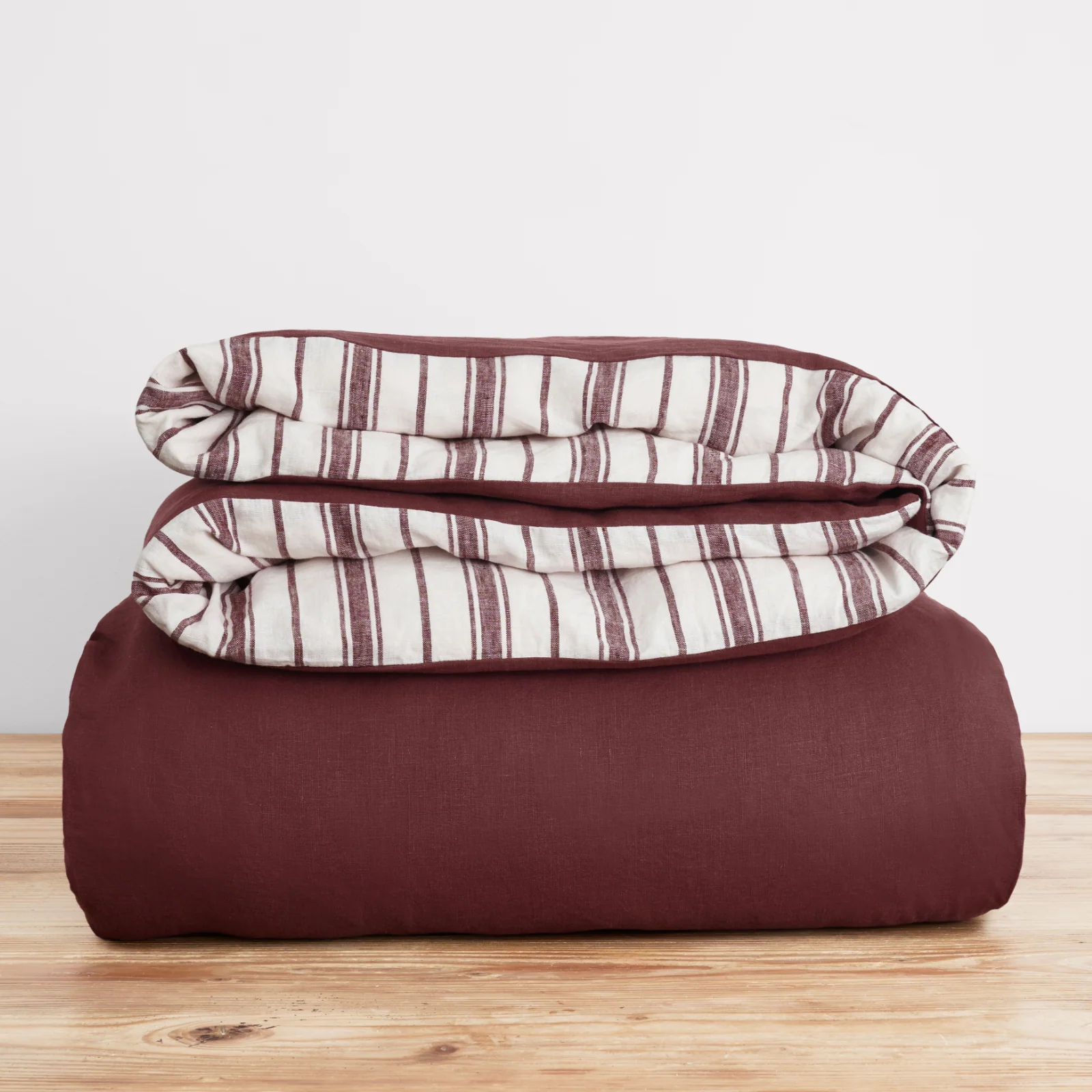 French Flax Linen Double Sided Quilt Cover in Cherrywood/Cherrywood Stripe