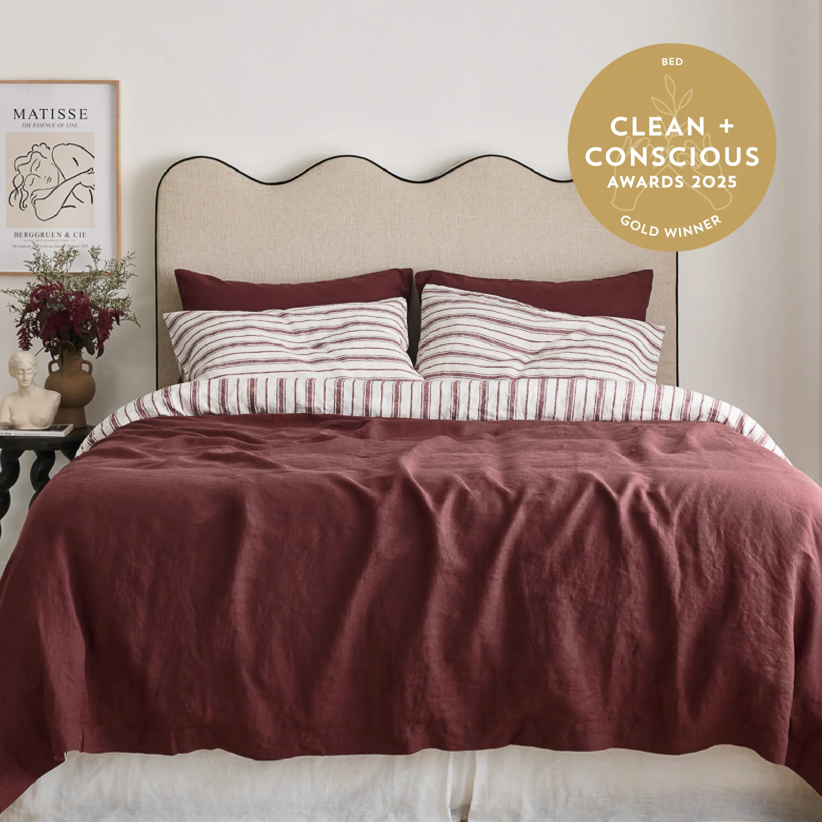 French Flax Linen Double Sided Quilt Cover in Cherrywood/Cherrywood Stripe - Image 3