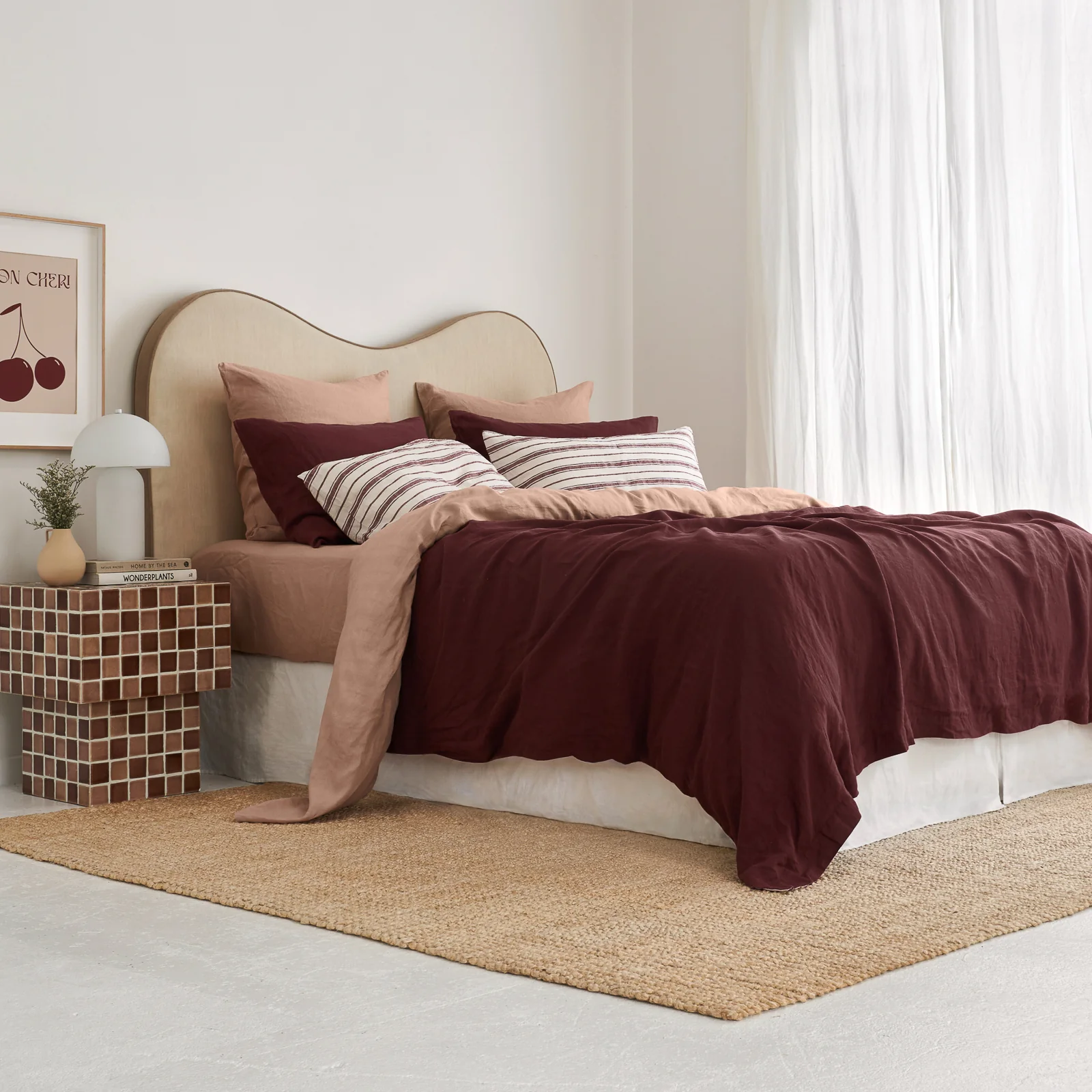 French Flax Linen Double Sided Quilt Cover in Cherrywood/Cherrywood Stripe - Image 7