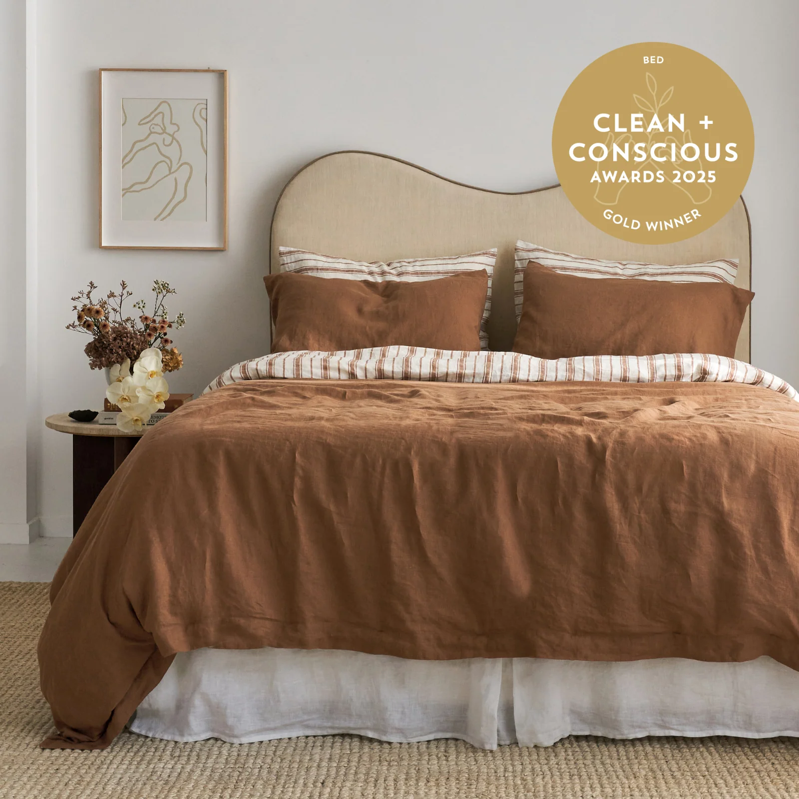 French Flax Linen Double Sided Quilt Cover in Hazelnut/Hazelnut Stripe - Image 4
