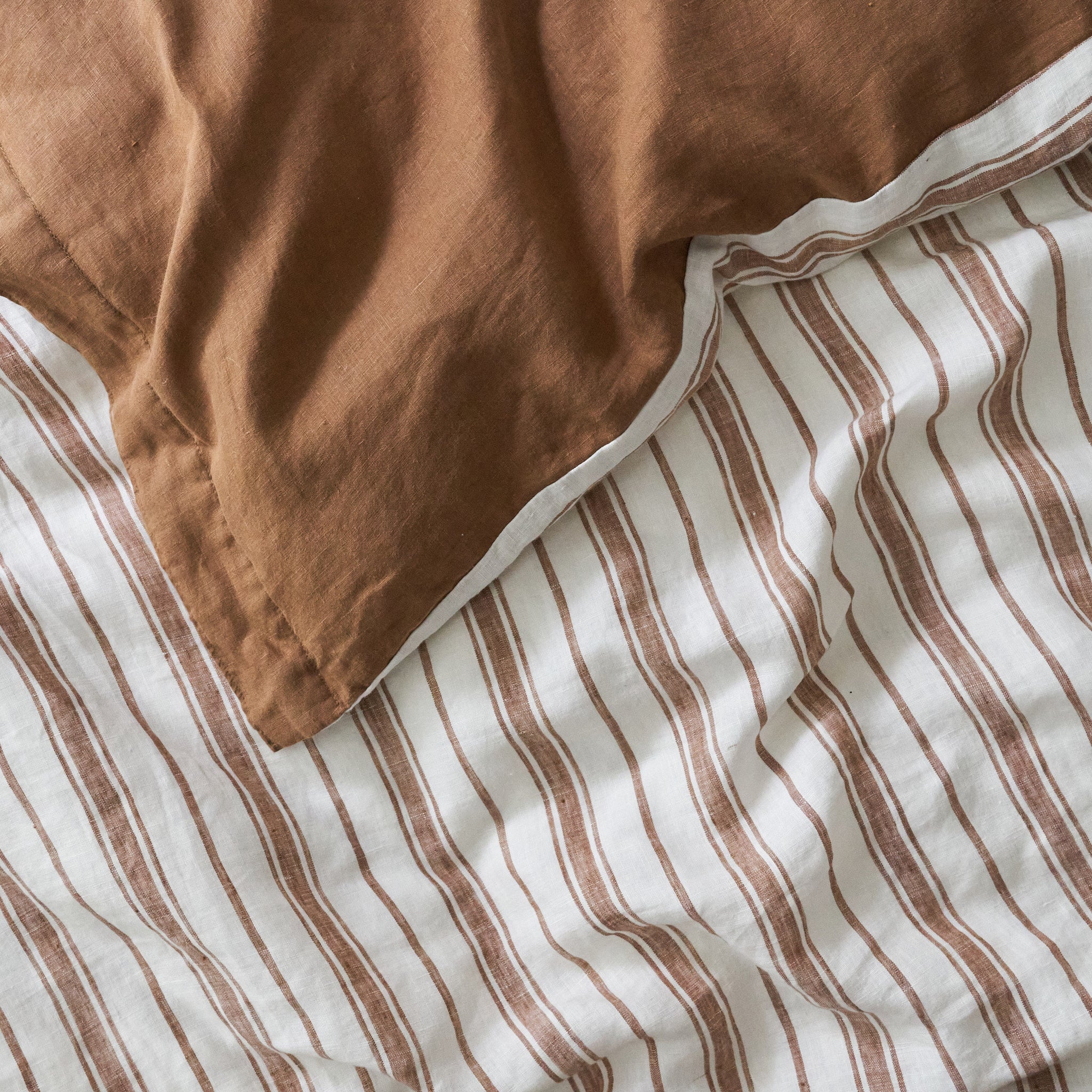 French Flax Linen Double Sided Quilt Cover in Hazelnut/Hazelnut Stripe - Image 5