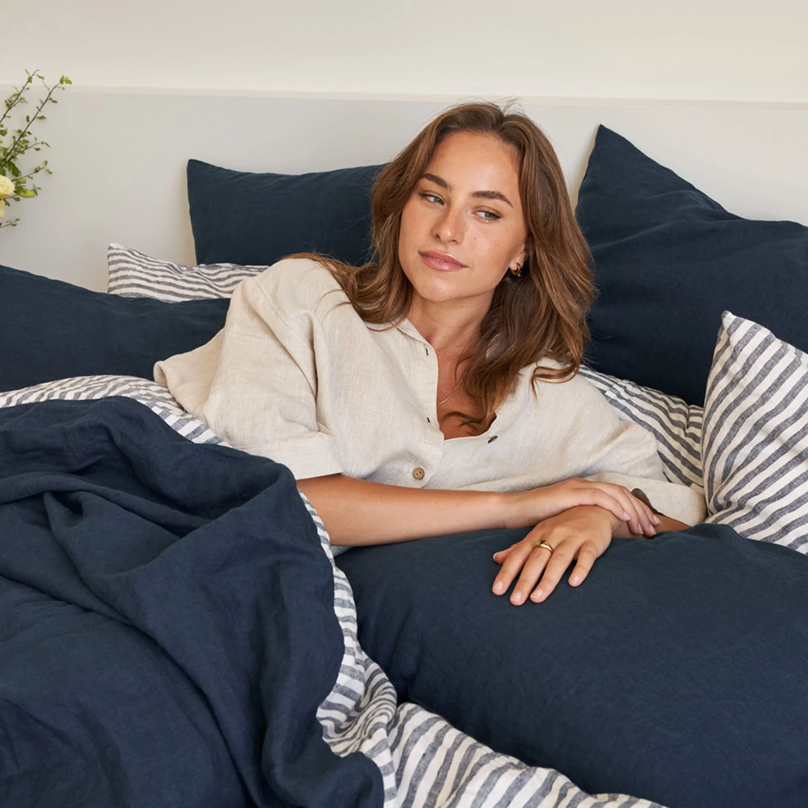 French Flax Linen Double Sided Quilt Cover in Indigo/Indigo Stripe - Image 11