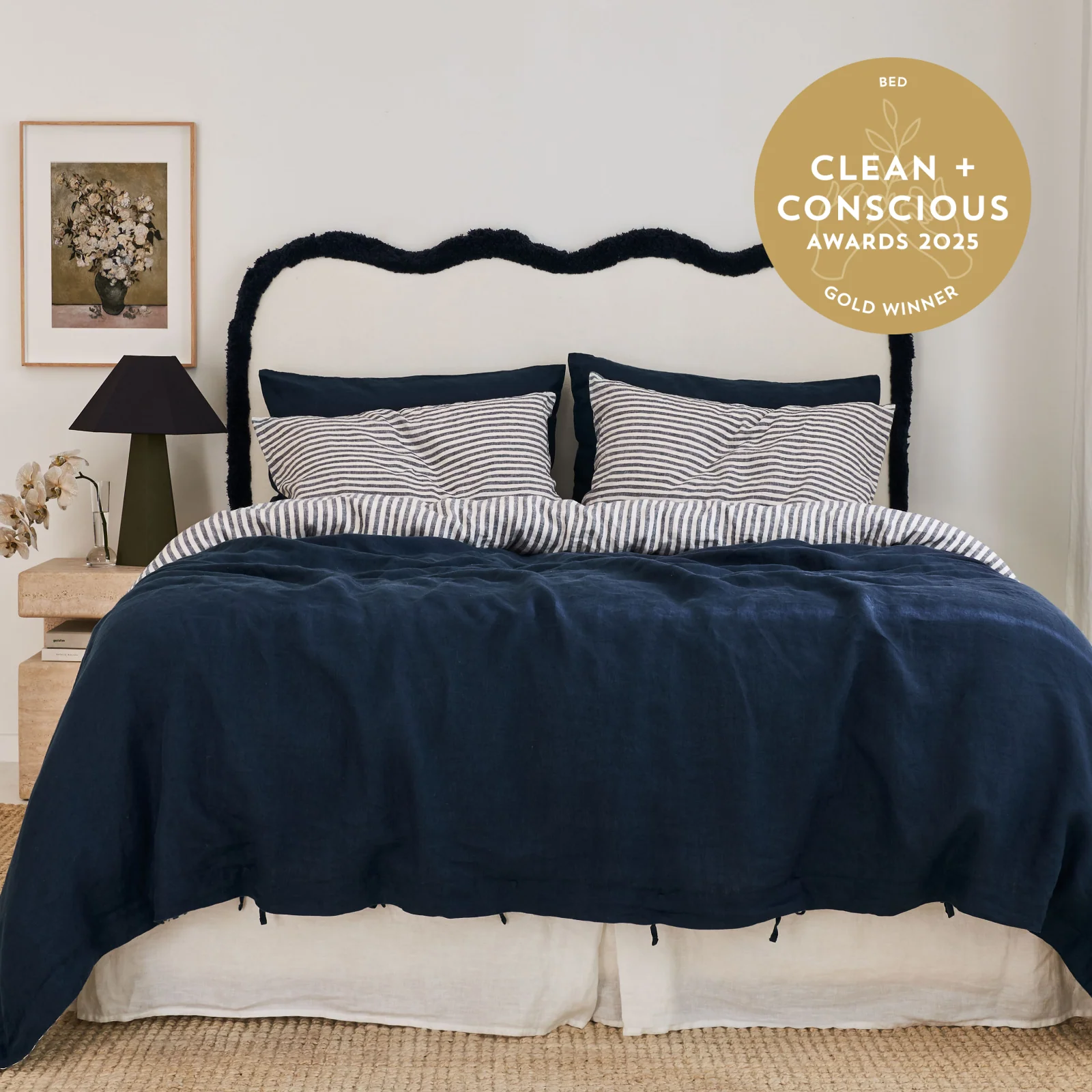 French Flax Linen Double Sided Quilt Cover in Indigo/Indigo Stripe - Image 4
