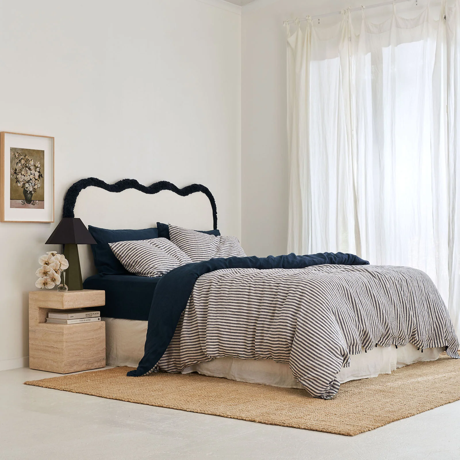 French Flax Linen Double Sided Quilt Cover in Indigo/Indigo Stripe - Image 5