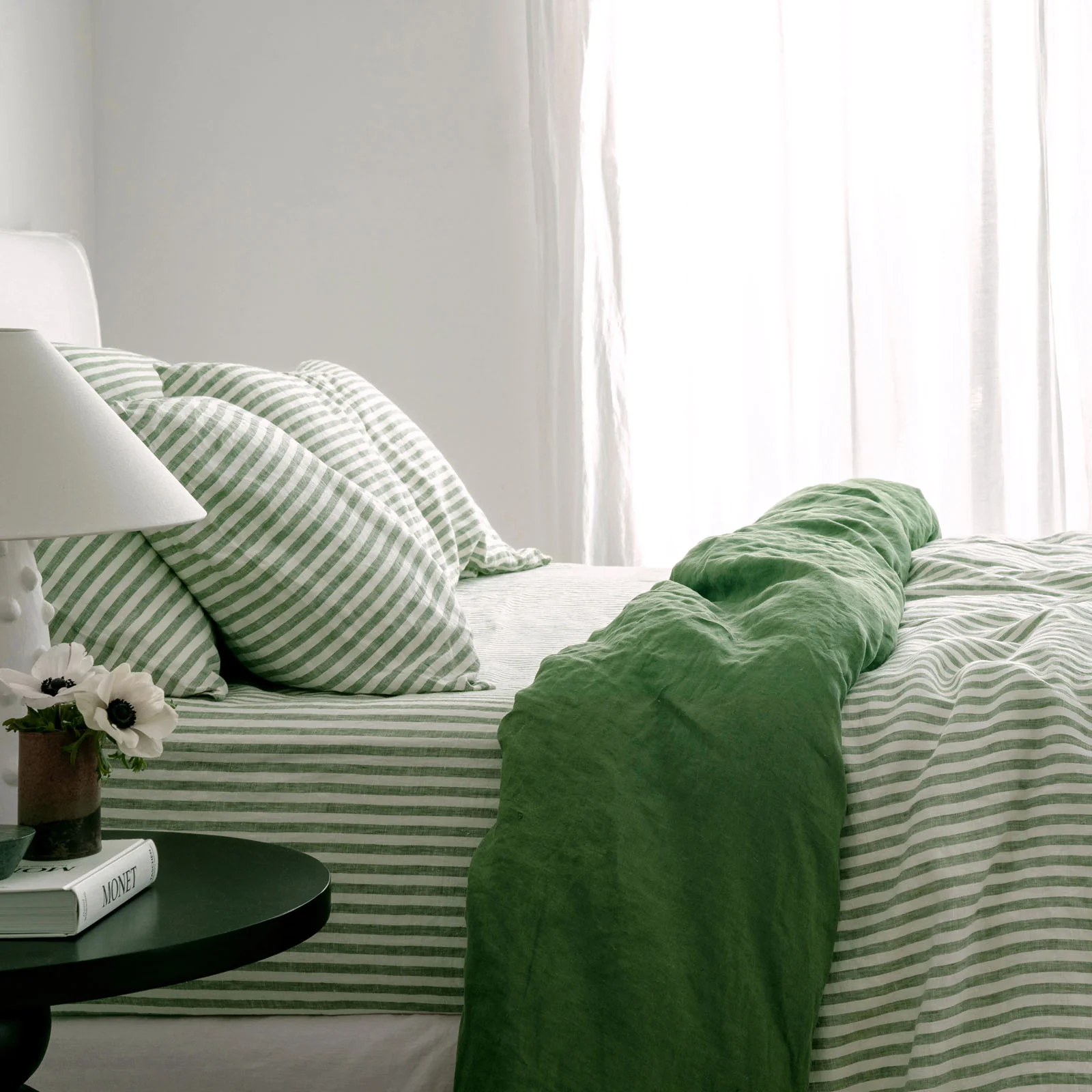French Flax Linen Double Sided Quilt Cover in Ivy/Ivy Stripe - Image 10