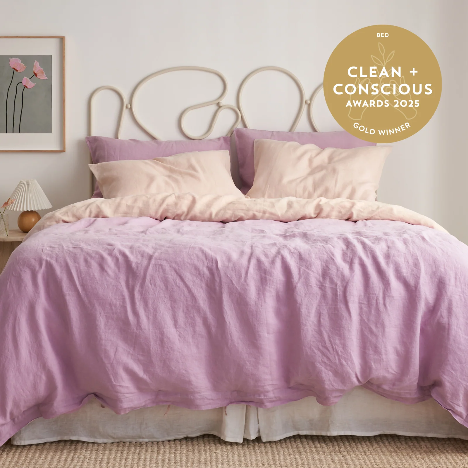 French Flax Linen Double Sided Quilt Cover in Lilac/Blush - Image 7