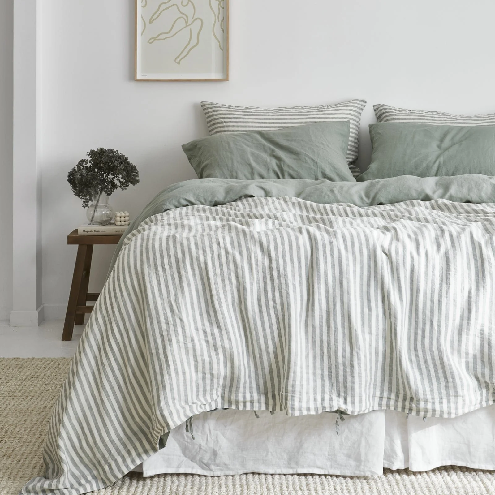 French Flax Linen Double Sided Quilt Cover in Sage/Sage Stripe - Image 4