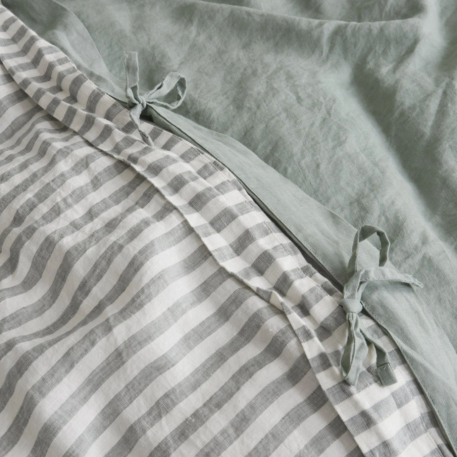 French Flax Linen Double Sided Quilt Cover in Sage/Sage Stripe - Image 6