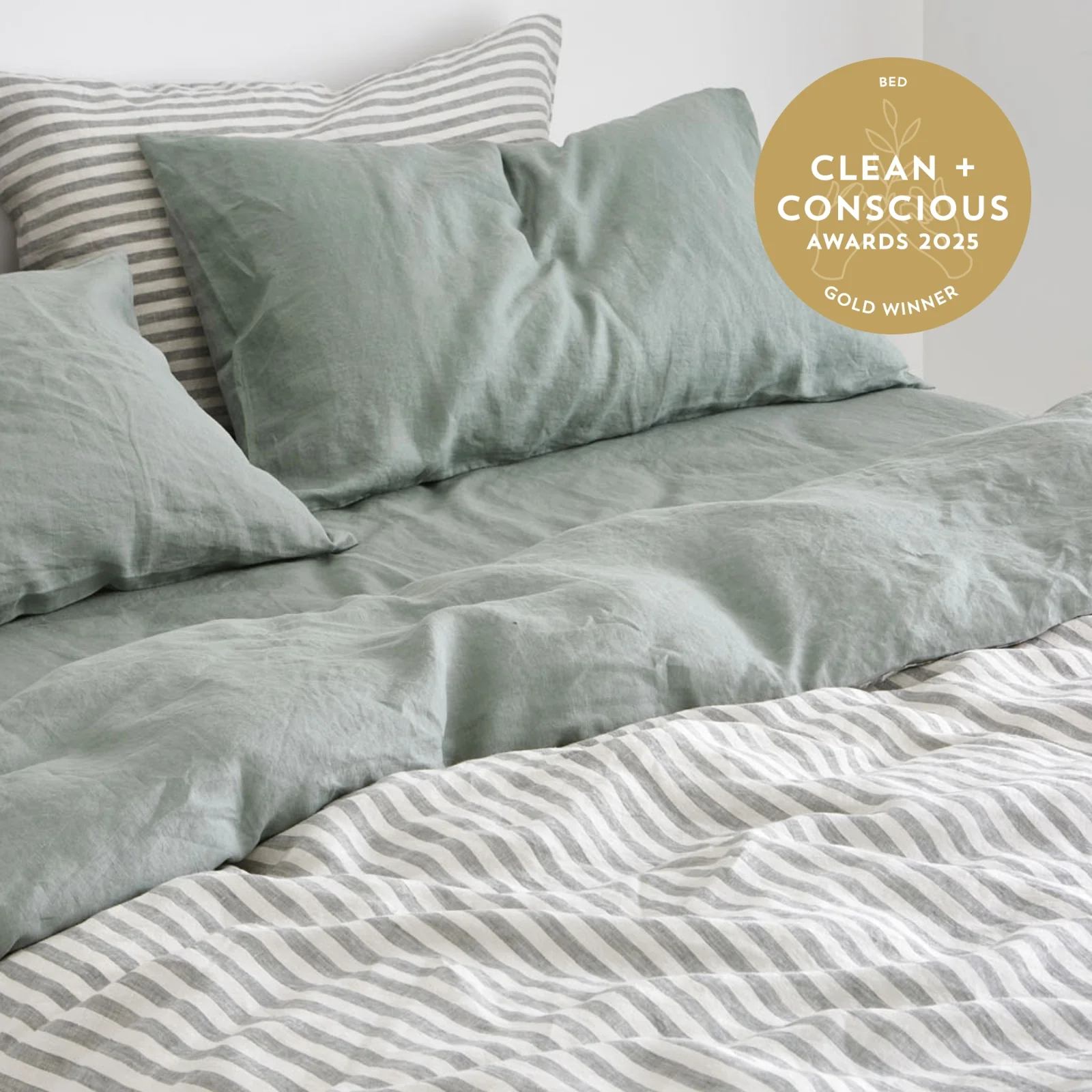 French Flax Linen Double Sided Quilt Cover in Sage/Sage Stripe - Image 7