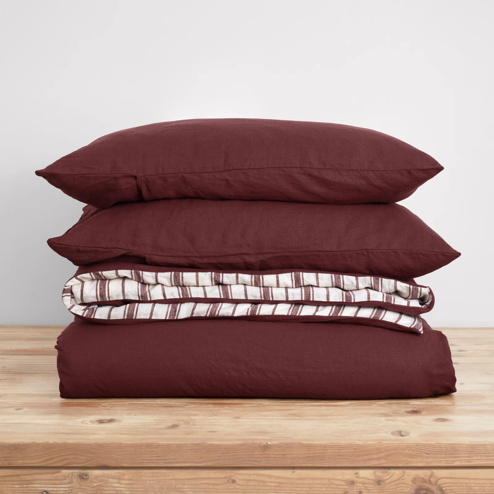French Flax Linen Double Sided Quilt Cover Set in Cherrywood/Cherrywood Stripe