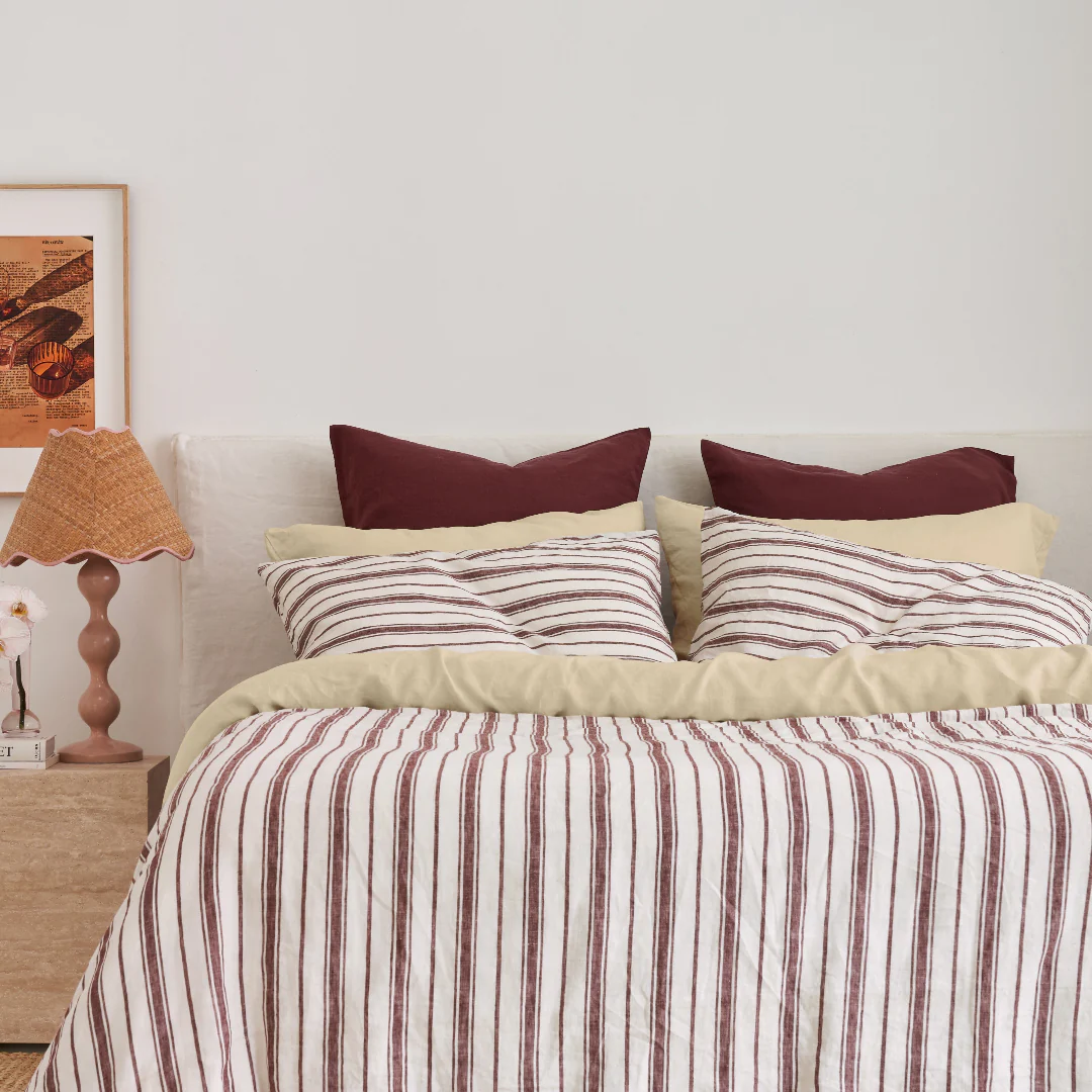 French Flax Linen Double Sided Quilt Cover Set in Cherrywood/Cherrywood Stripe - Image 11