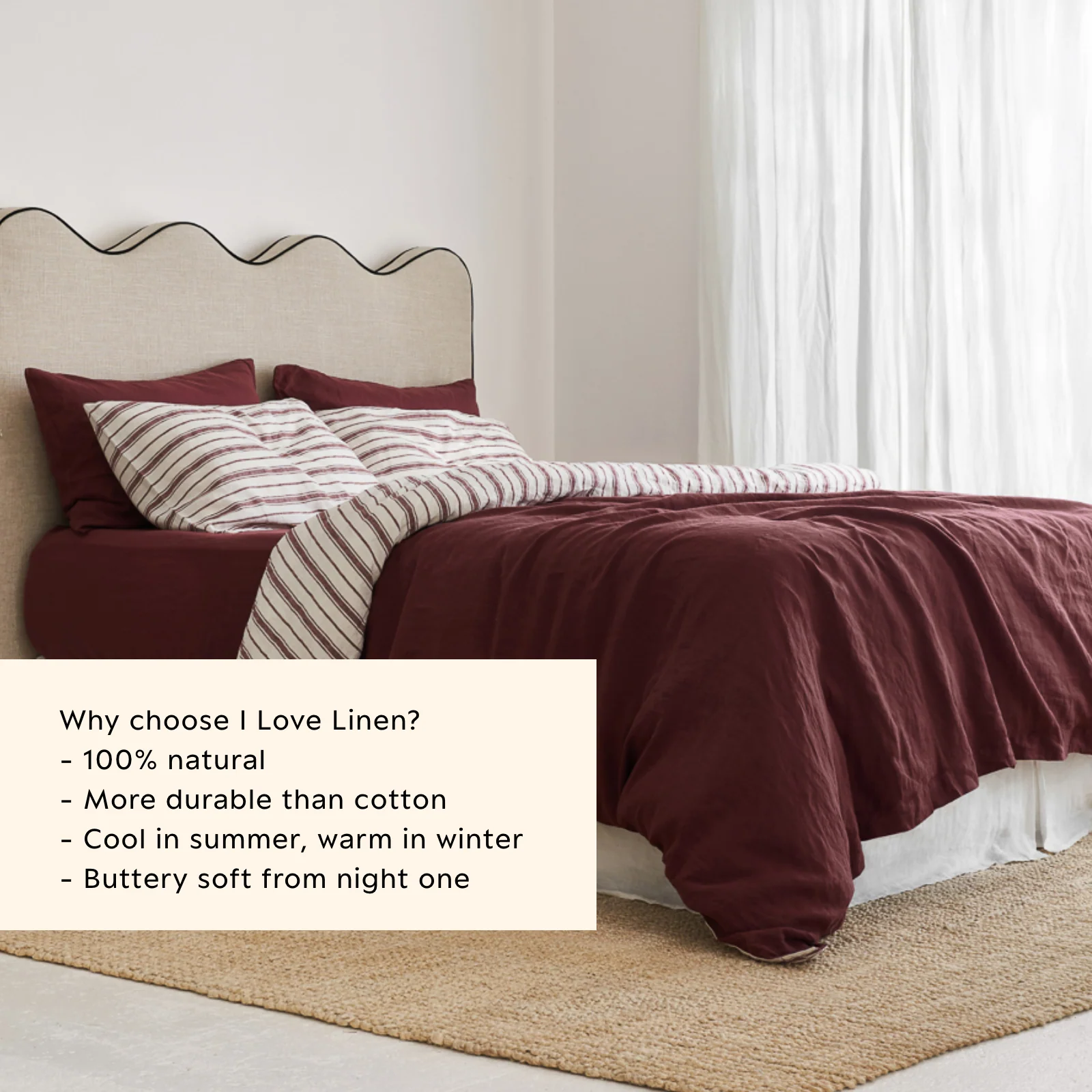 French Flax Linen Double Sided Quilt Cover Set in Cherrywood/Cherrywood Stripe - Image 6