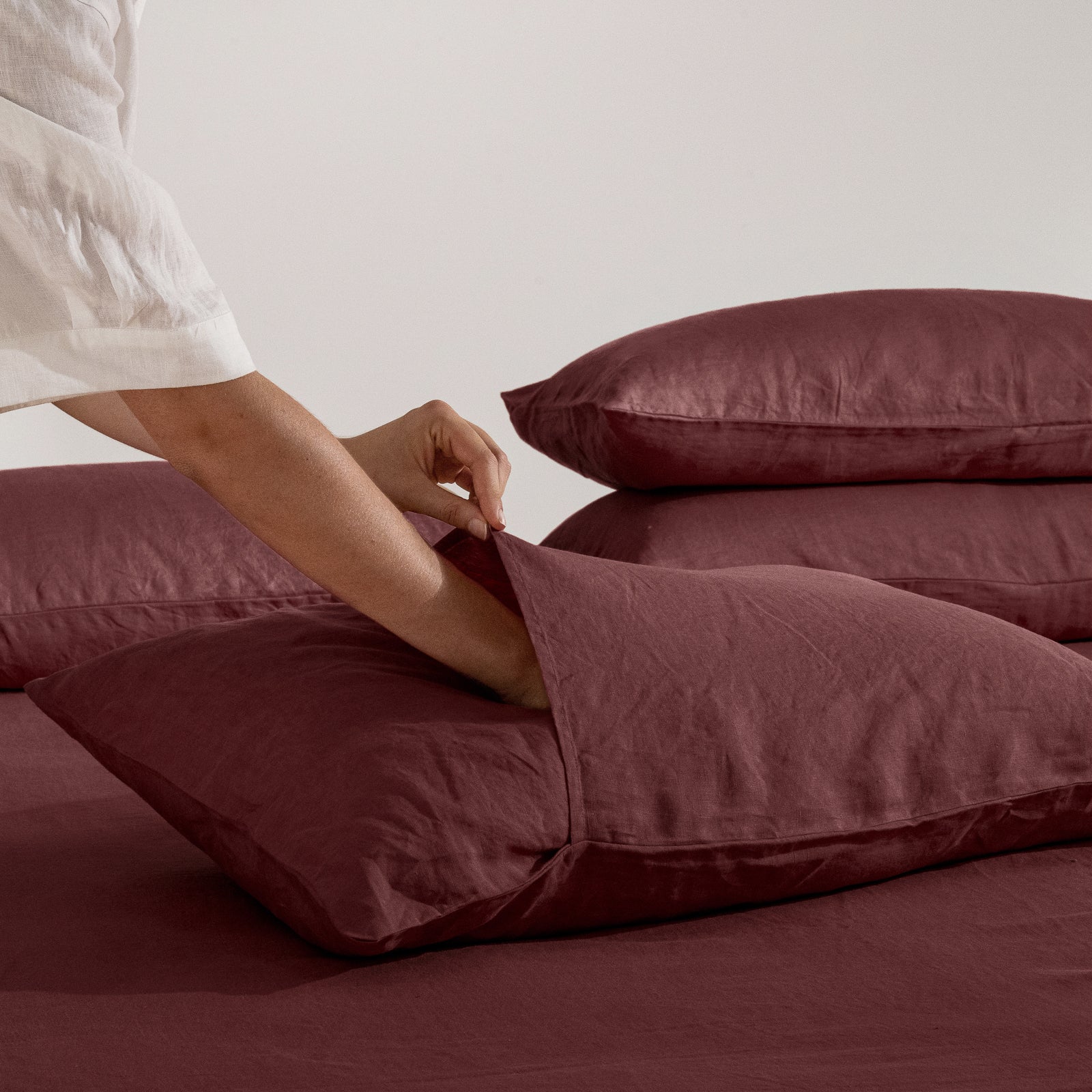 French Flax Linen Double Sided Quilt Cover Set in Cherrywood/Cherrywood Stripe - Image 7