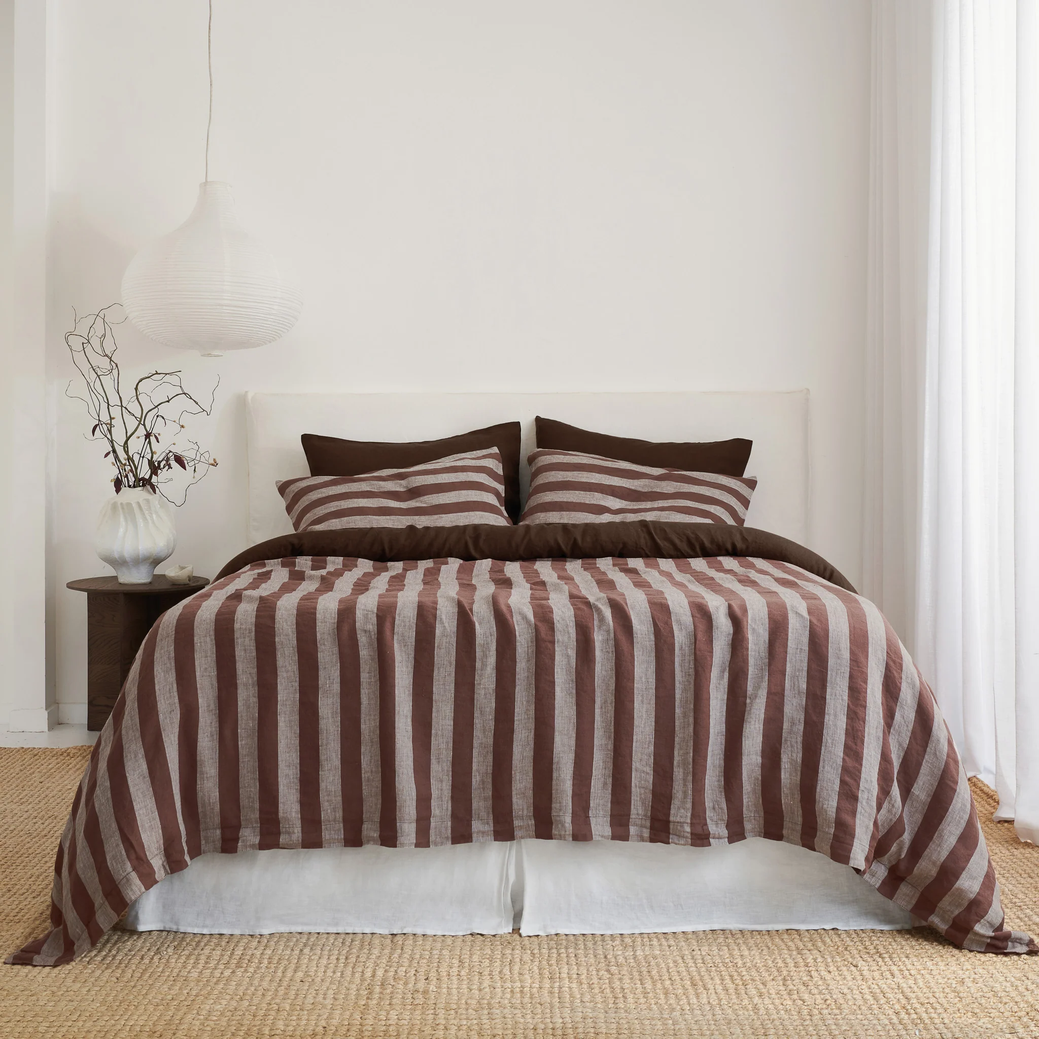 French Flax Linen Double Sided Quilt Cover Set in Chocolate/Chocolate Stripe - Image 3