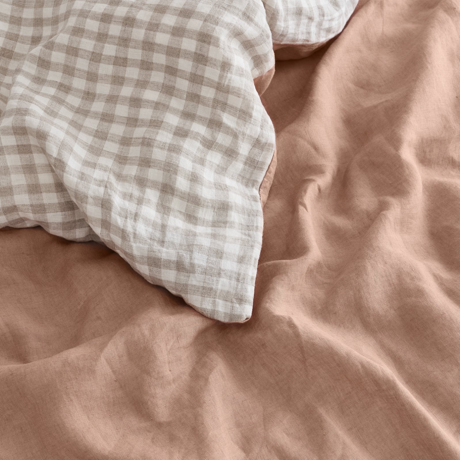 French Flax Linen Double Sided Quilt Cover Set in Clay/Beige Gingham - Image 11