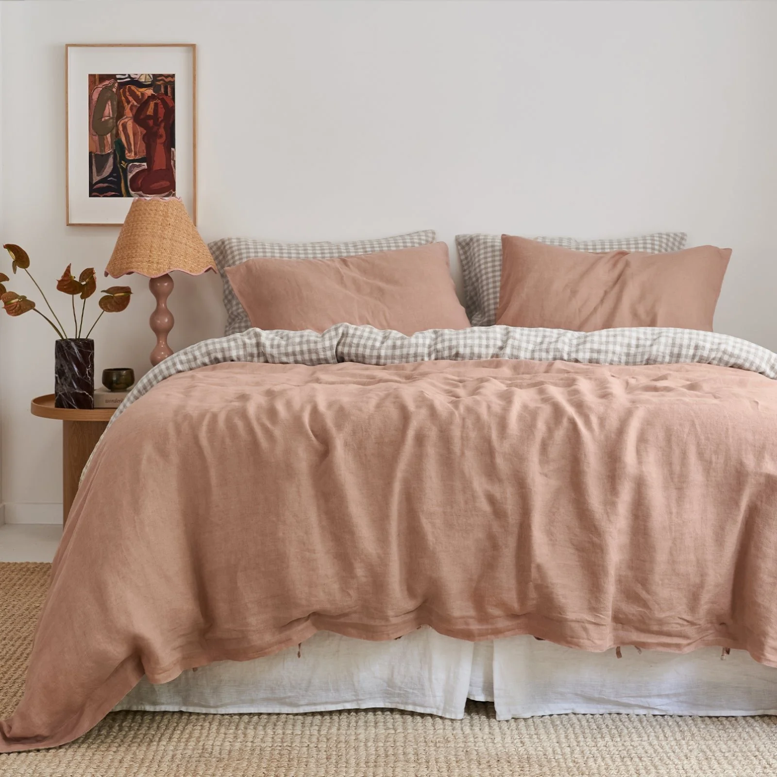 French Flax Linen Double Sided Quilt Cover Set in Clay/Beige Gingham - Image 2