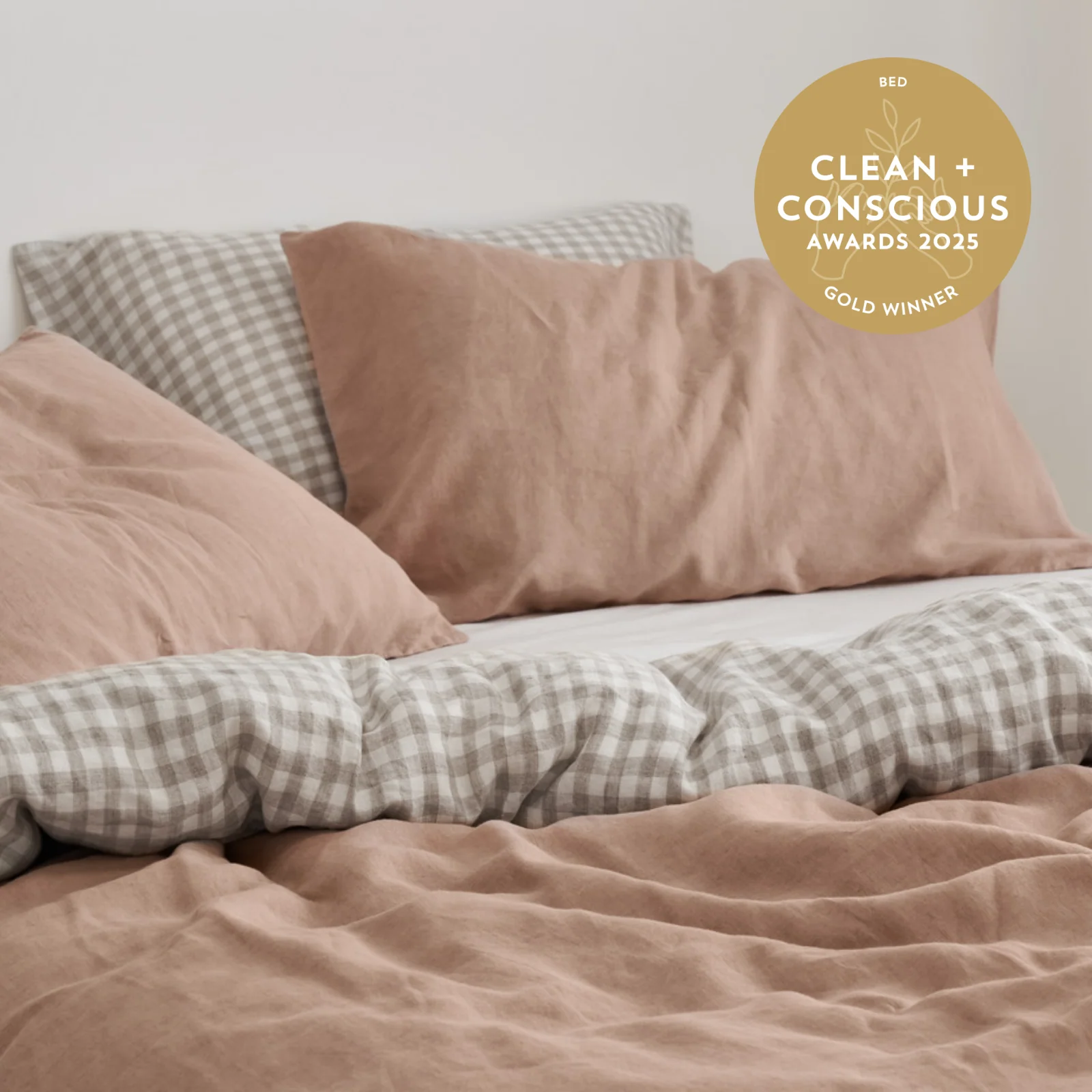 French Flax Linen Double Sided Quilt Cover Set in Clay/Beige Gingham - Image 5