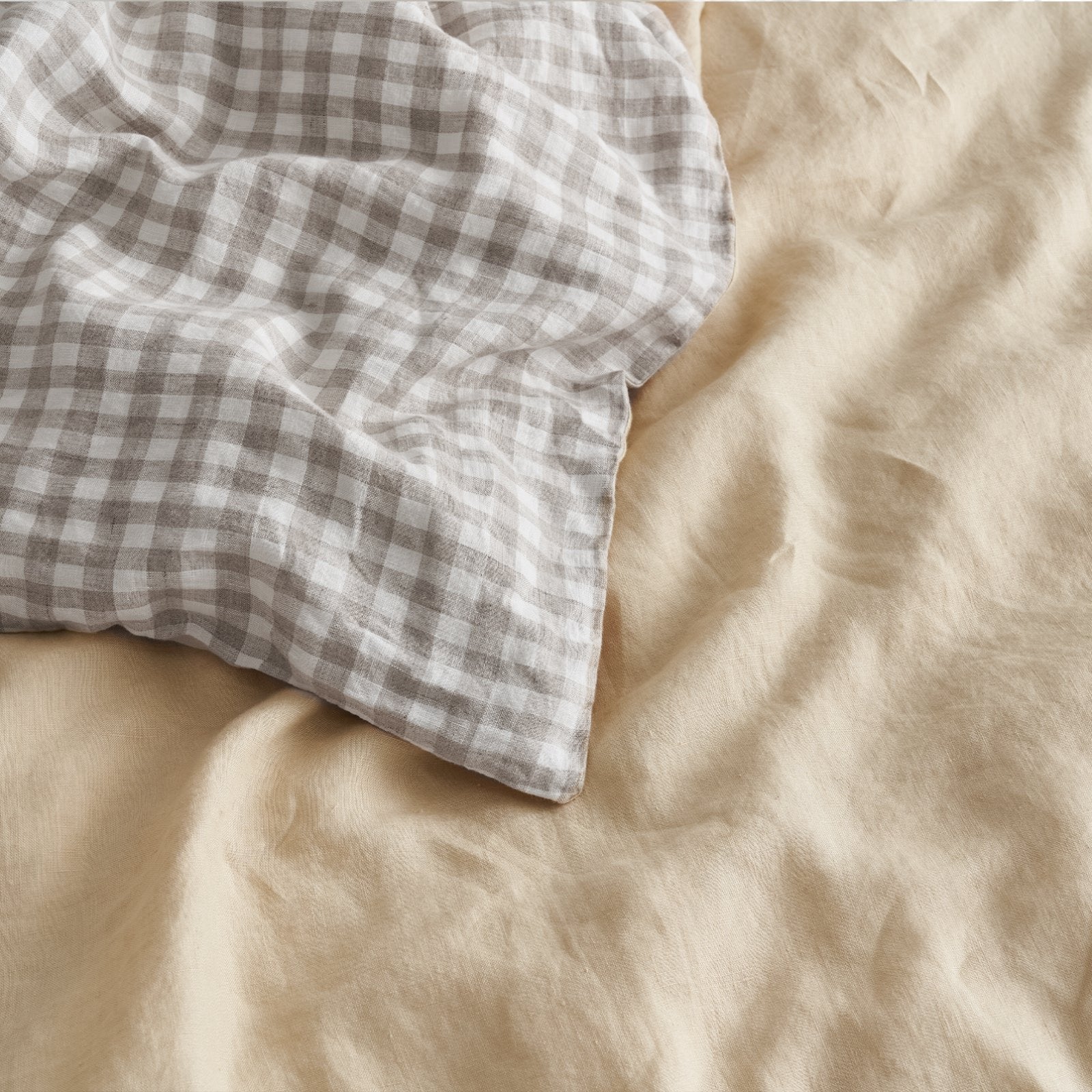 French Flax Linen Double Sided Quilt Cover Set in Creme/Beige Gingham - Image 10