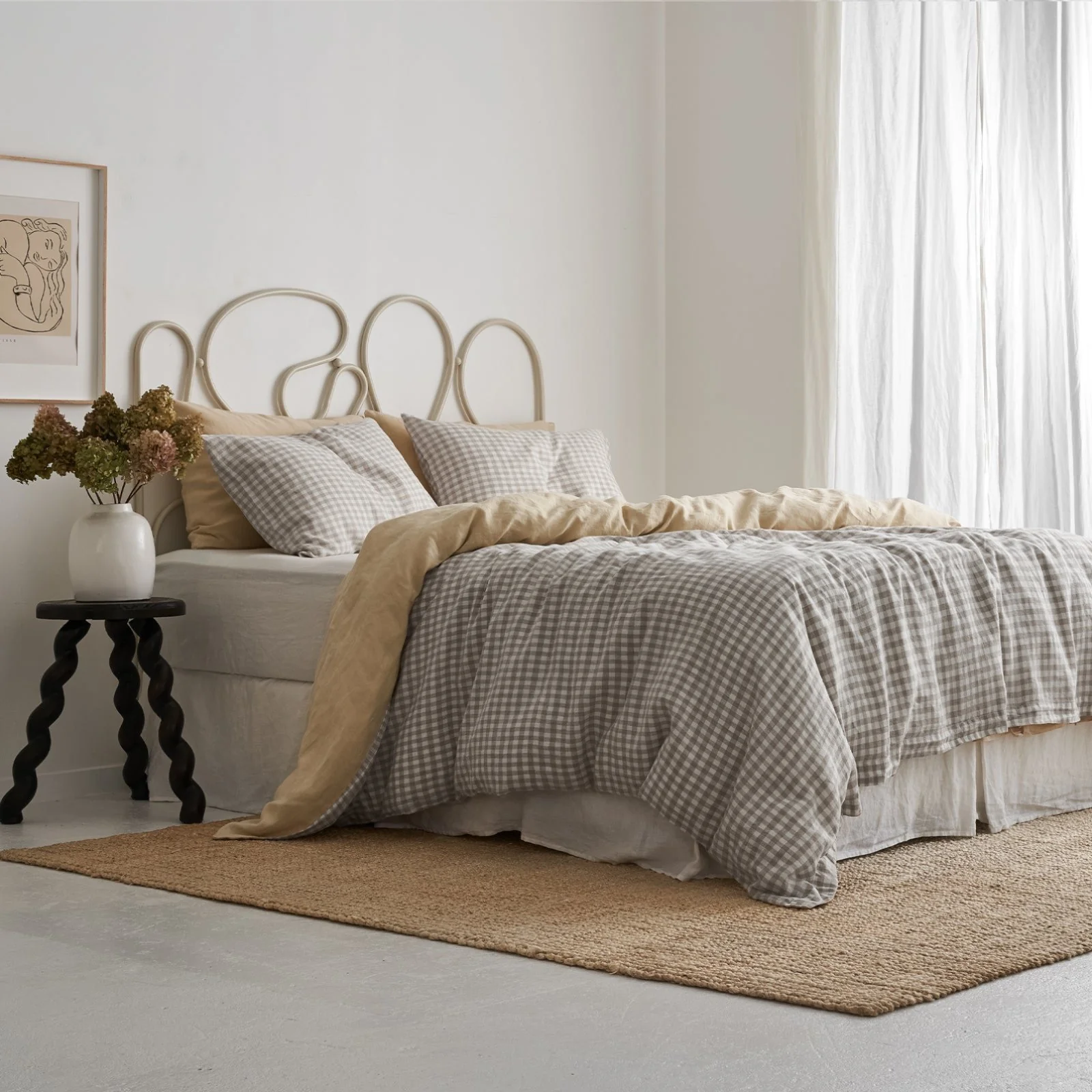 French Flax Linen Double Sided Quilt Cover Set in Creme/Beige Gingham - Image 6