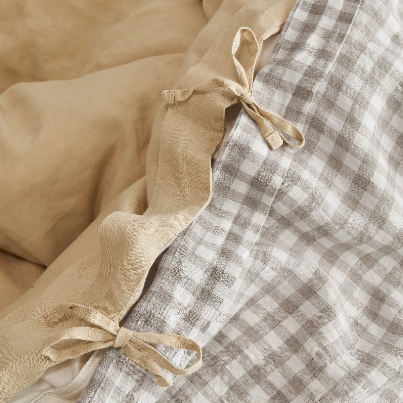 French Flax Linen Double Sided Quilt Cover Set in Creme/Beige Gingham - Image 9