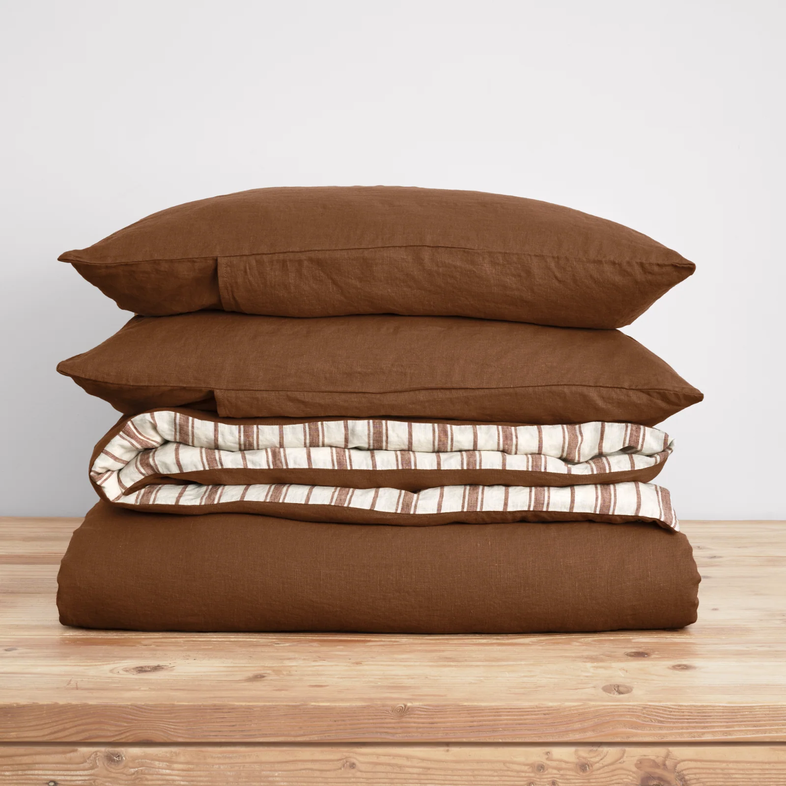 French Flax Linen Double Sided Quilt Cover Set in Hazelnut/Hazelnut Stripe