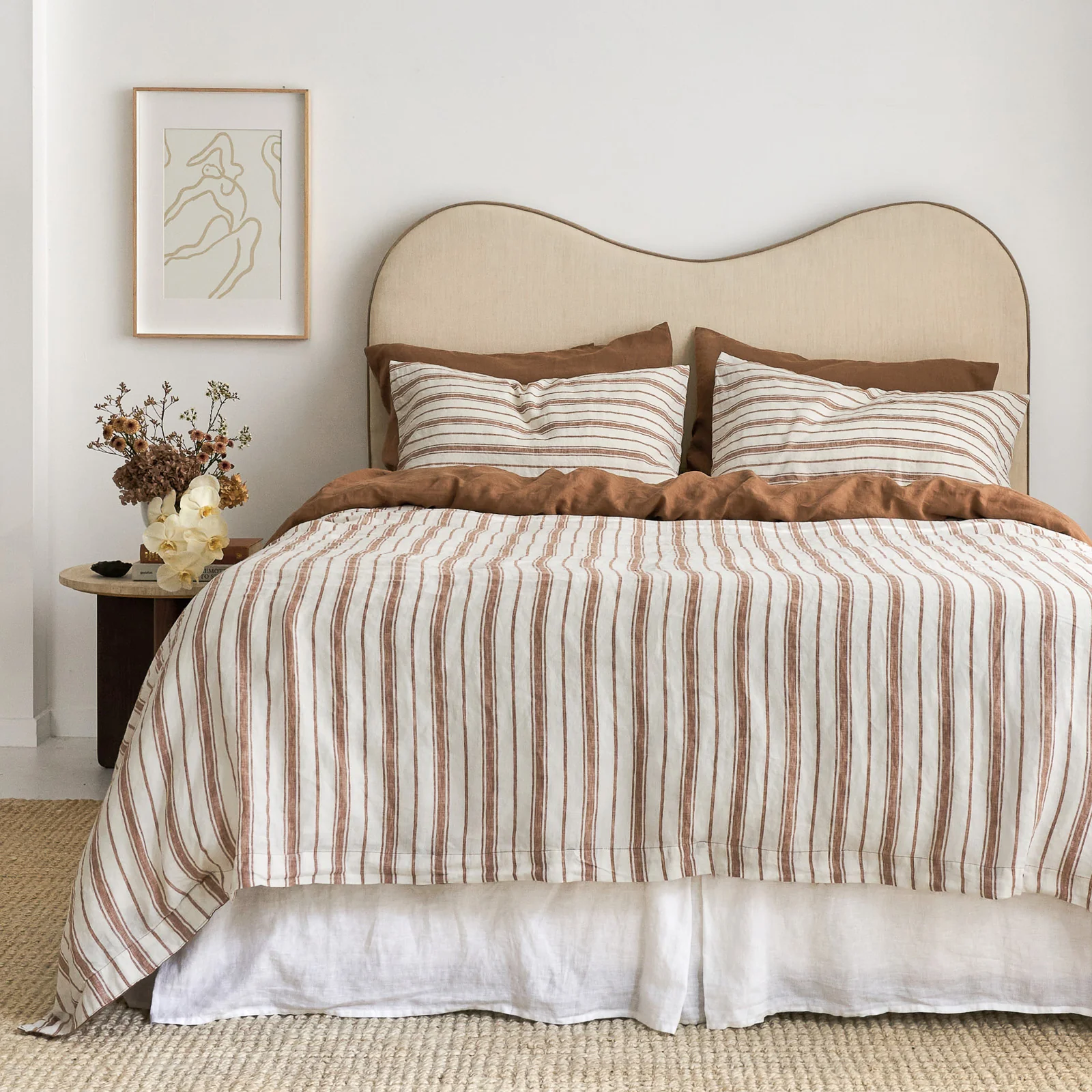 French Flax Linen Double Sided Quilt Cover in Hazelnut/Hazelnut Stripe - Image 2