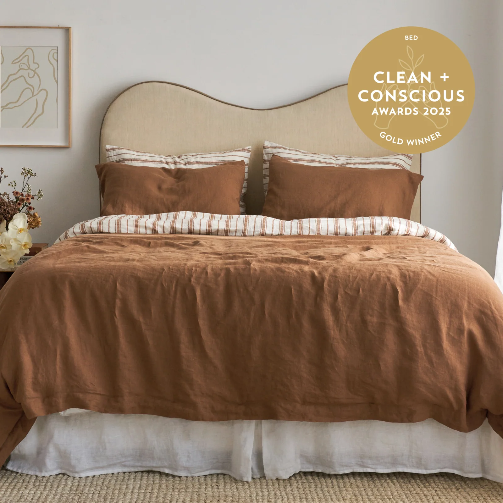 French Flax Linen Double Sided Quilt Cover Set in Hazelnut/Hazelnut Stripe - Image 3
